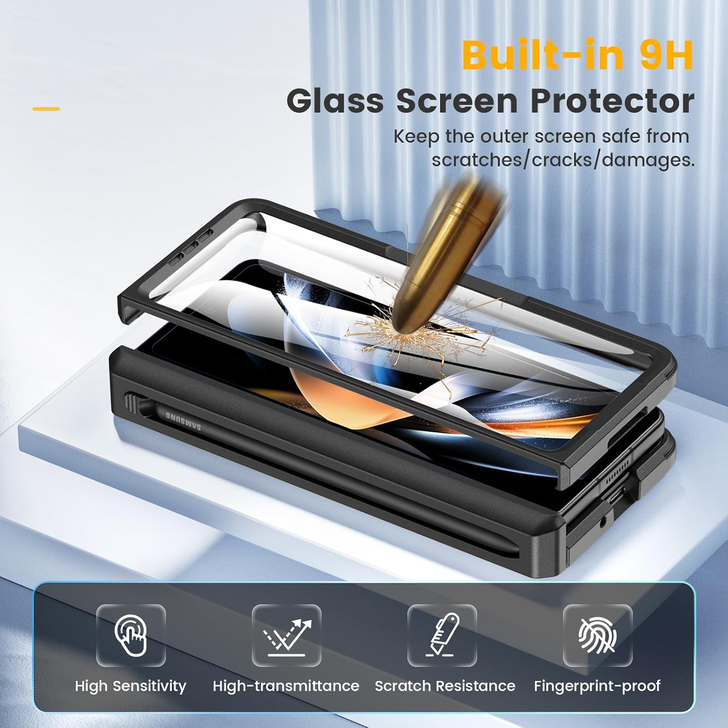 Caka for Samsung Galaxy Z Fold 4 Case [Thinner S Pen Holder] [Hidden Kickstand] [Hinge Protection] [Screen Protector] Full Body Hard Shockproof Phone Cover with Anti-Slip Textured for Fold4 - Black