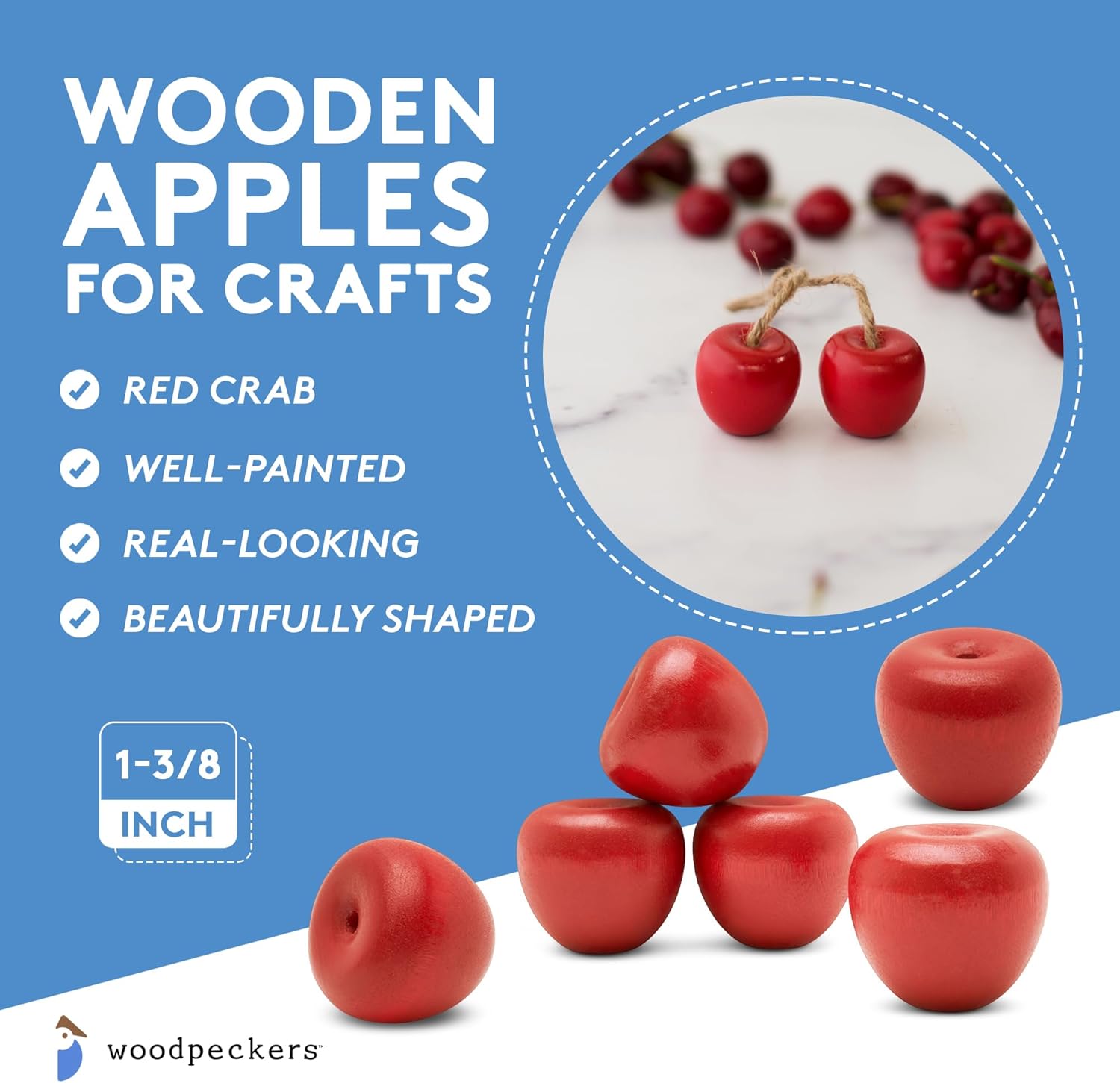 Woodpeckers Wood Cherry Apple 1 inch, Pack of 5 Faux Apples Decor Realistic for Vintage Red Apple Kitchen Décor and Accessories