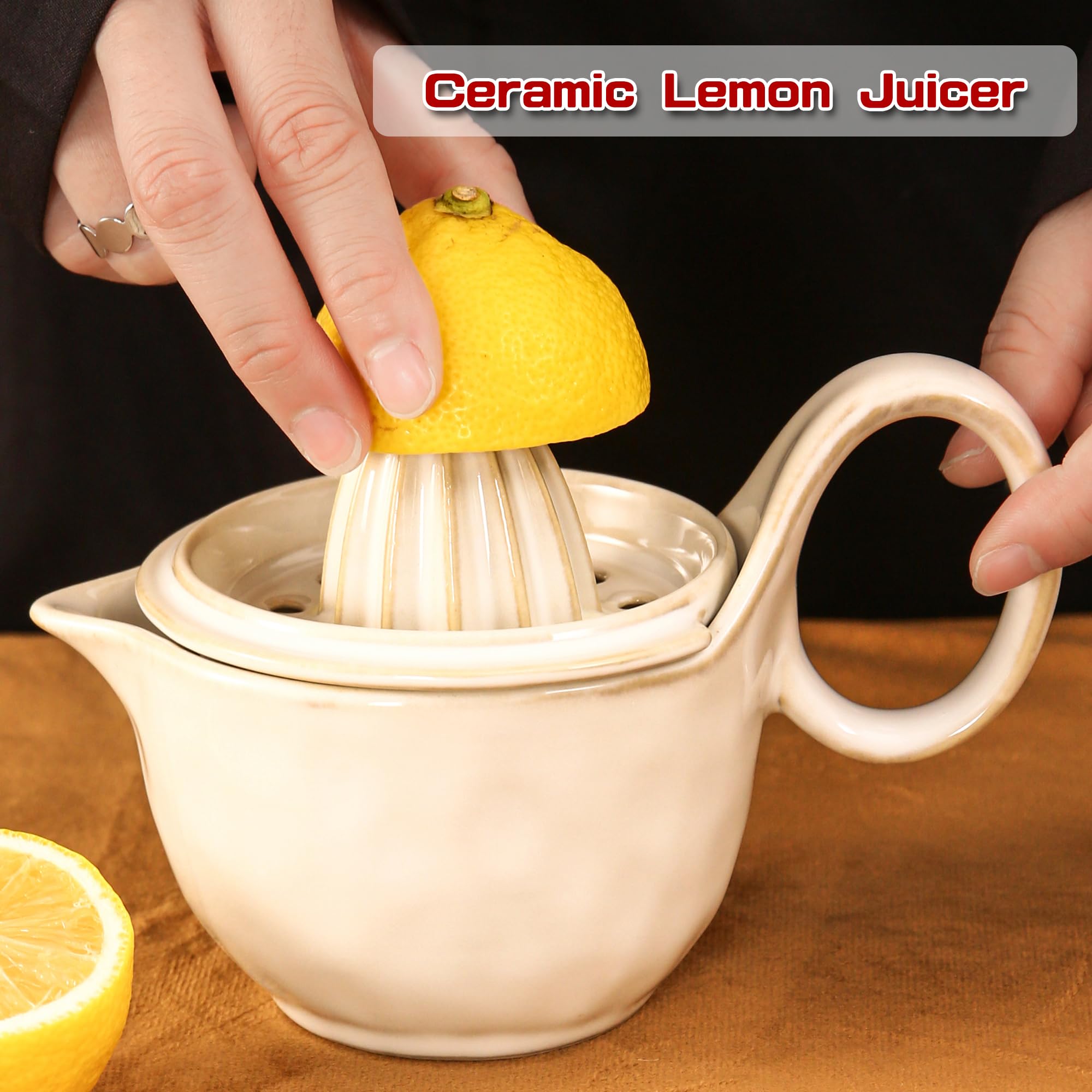 Spremiagrumi manuale in ceramica, spremiagrumi e arance, spremiagrumi manuale con tazza da 230 ml, coperchio con colino, beccuccio, manico, lavabile in lavastoviglie, facile da pulire (bianco)
