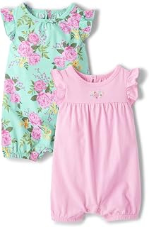 The Children's Place Baby Girls & Toddler 2-Pack Summer Rompers - 100% Cotton Jersey, Flutter Sleeves, Easy Snap Closure