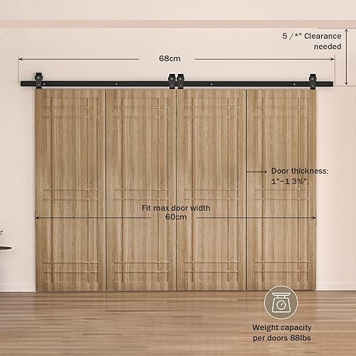 Miniatura 6 de Kit de herrajes para puertas corredizas de granero plegables de 5 pies60 pulgadas, riel de hardware para puerta de granero plegable negro, rodillos