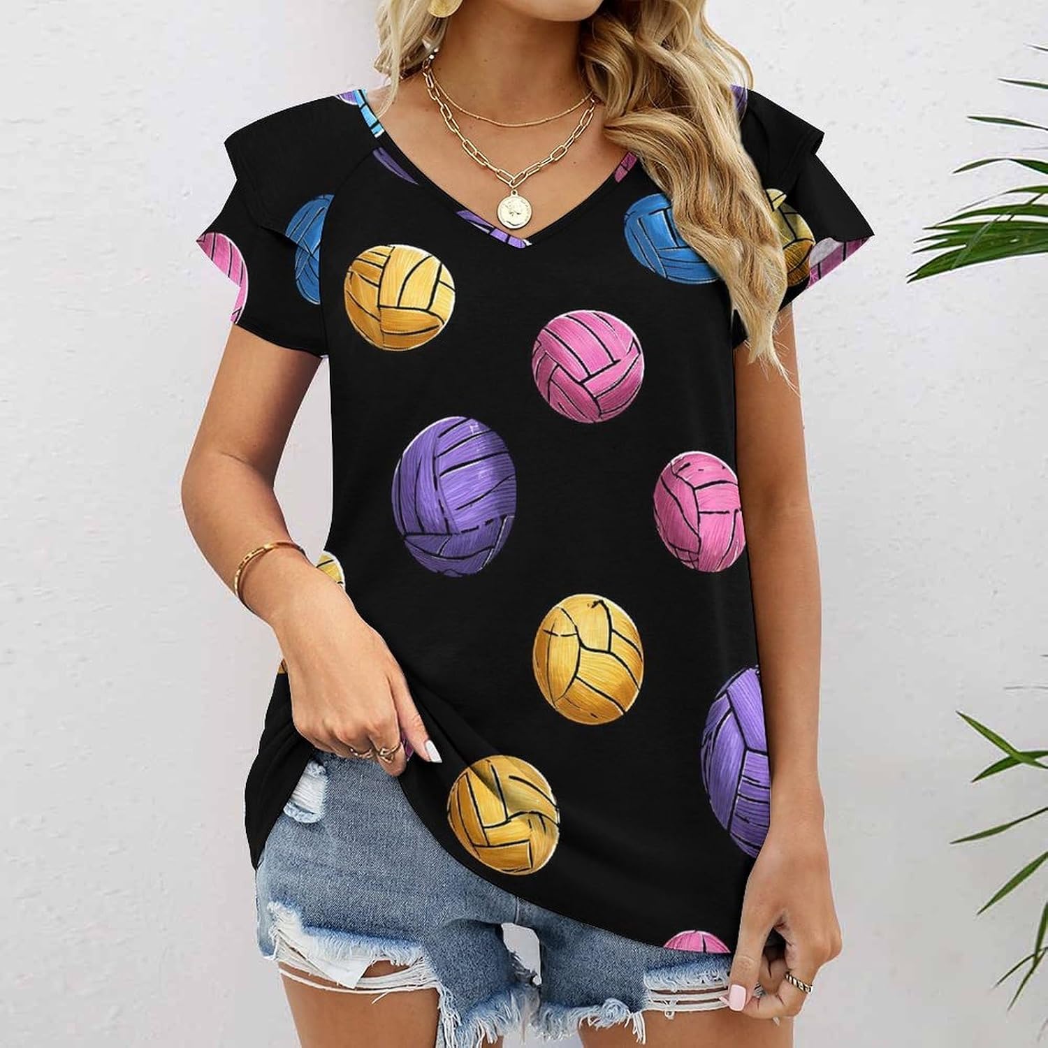 Volleyball Water Polo Balls Womens T-Shirts Ruffle Tops V Neck Shirts | Loose Fit,Breathable
