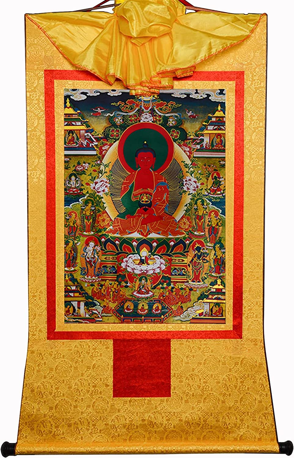 VHKJewE Amidabha in Pure Land,Elysium of Buddhism,Sukhavati, Buddhist Thangka Brocade(Unique Colour,Medium(62cm*47cm))