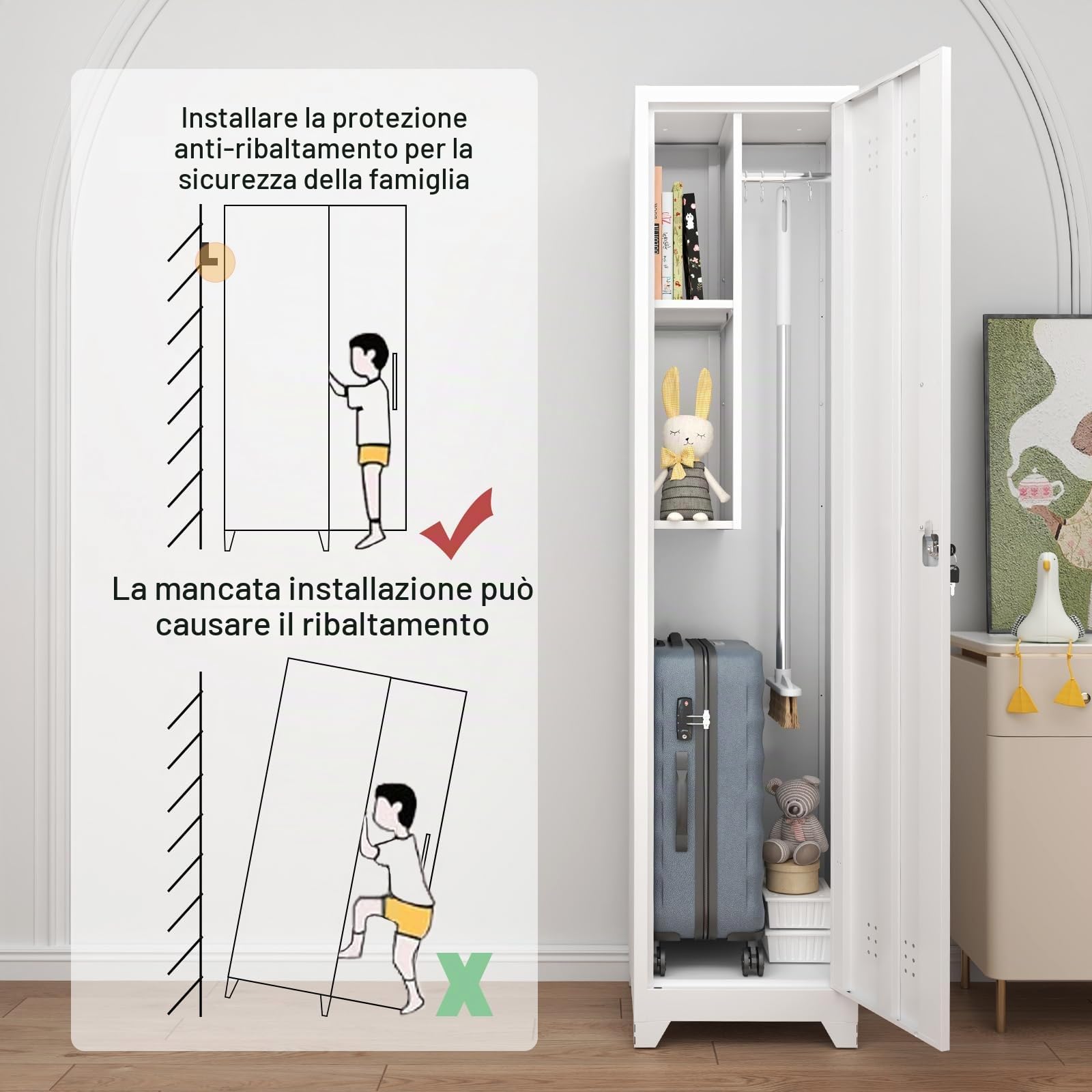 GREATMEET Armadietto sottile in metallo con 1 porta, armadietto per scope e attrezzi per la pulizia, organizer sottile per utensili per la casa, per garage e lavanderia, bianco