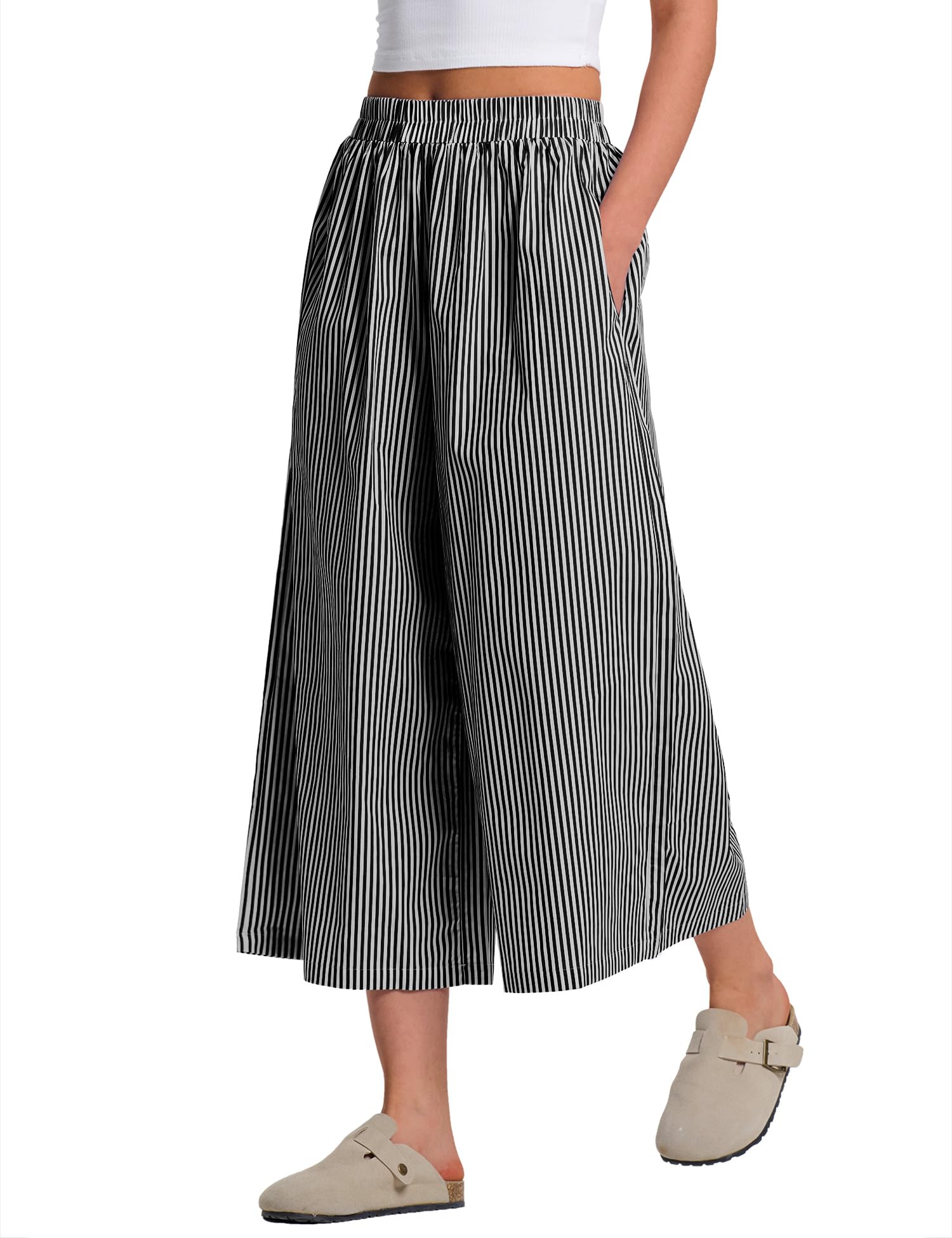 LOMON Womens Wide Leg Capri Pants Cotton Gingham Plaid Culottes Summer Elastic Waist Palazzo Trousers Bottoms with Pockets