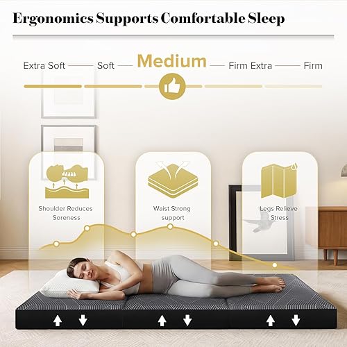 Miniatura 4 de Vamcheer Colchón plegable tamaño individual, colchón plegable de 4 pulgadas, tapete de espuma viscoelástica de triple pliegue con una funda plegable