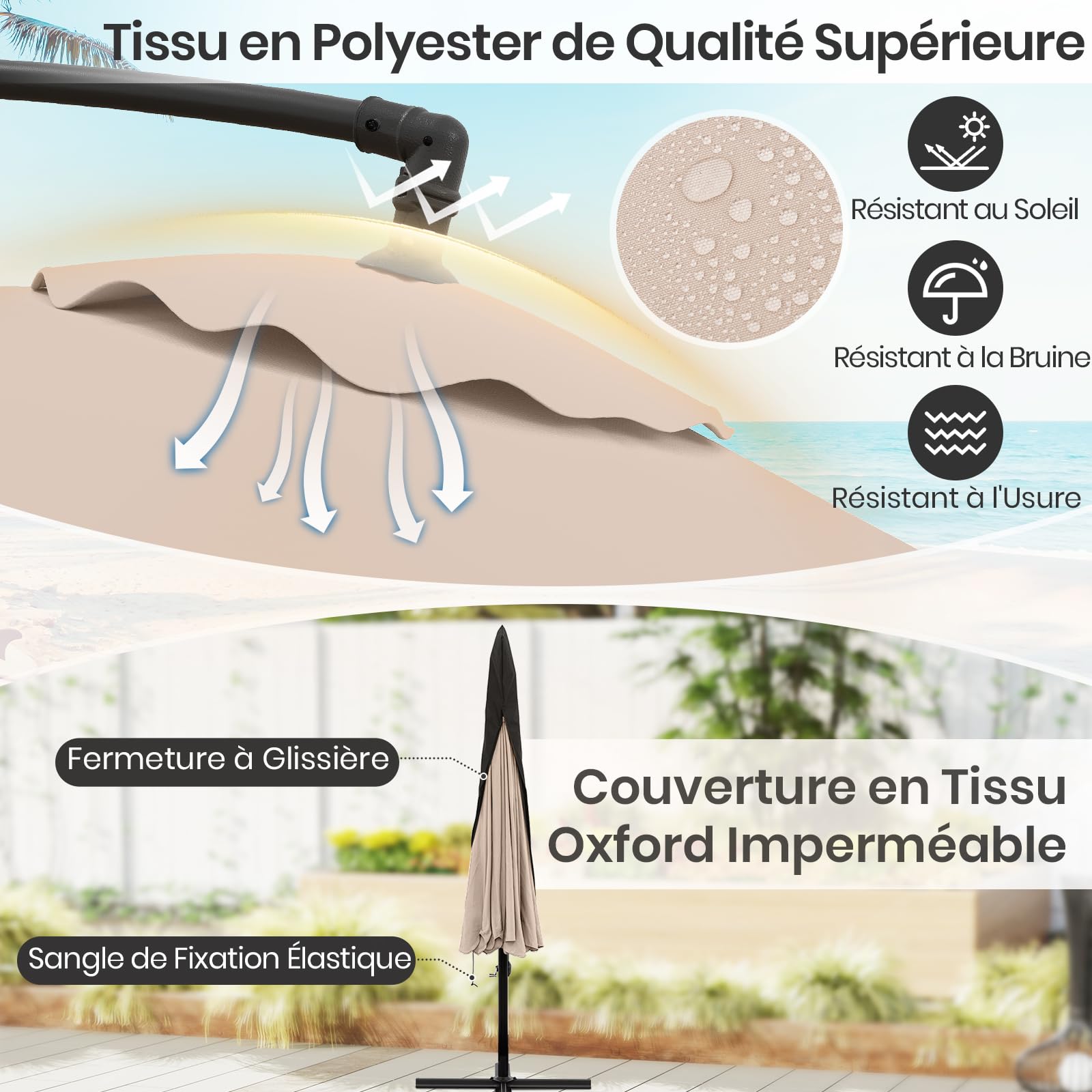 RELAX4LIFE Parasol Déporté Octogonal Φ305x250cm Parasol de Jardin (Beige)