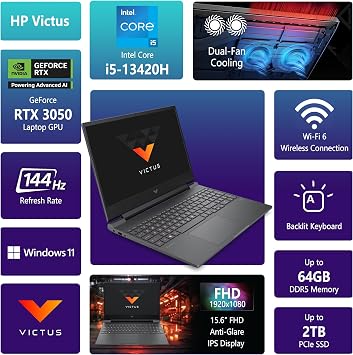 HP Victus 15 Gaming Laptop | 15.6 FHD IPS Anti-Glare 144Hz | Intel 8-Core i5-13420H | 16GB DDR4 1TB SSD | NVIDIA GeForce RTX 3050 6GB | Backlit Keyboard Fast Charging Win11 w/DLCA Accessory