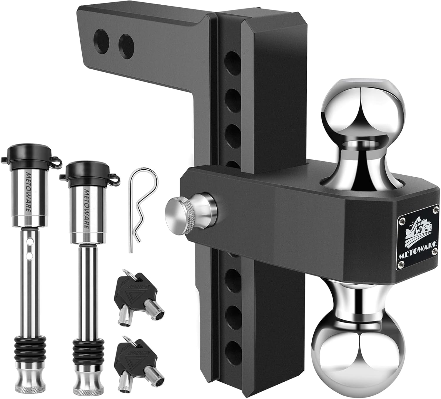 METOWARE Adjustable Drop Hitch - Aluminum Tow Hitch Fits 2-Inch Receiver - Heavy Duty Trailer Hitch with 8-Inch Drop/Rise for Truck (12,500 LBS GTW), Double Anti-Theft Stainless Steel Pin Locks(Black)