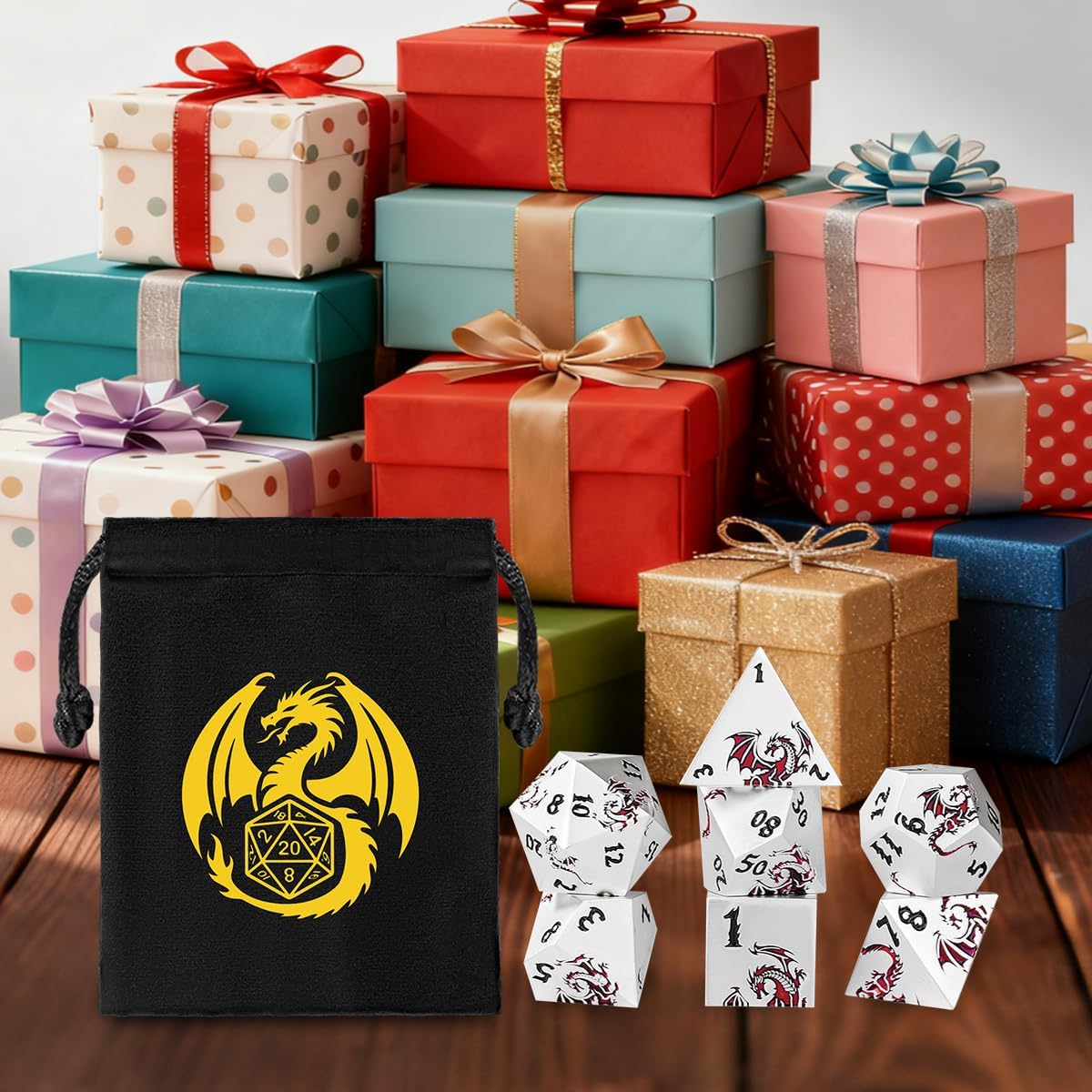 Metal DND Dice - Red Dragon Embossed Pattern, 7 Piece Polyhedral DND Dice Set, DND Starter Set, D&D Gift with Gift Bag, Role Playing Game DND Accessories, White