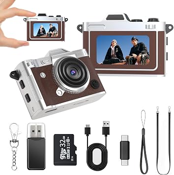 Mini Keychain Camera - 2K FHD Tiny Retro Digital Camera with 32GB Card, 1.47" Screen & OTG Adapter, Vintage Compact Micro Pocket Birthday Gift for Kids,Travel,Beginners,Party Brown