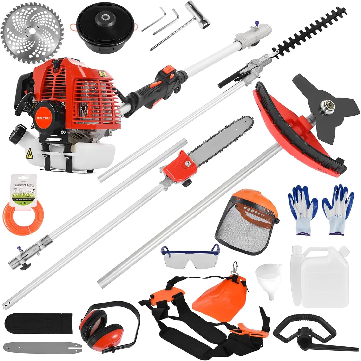 52cc 2-Stroke 5 in 1 Garden Hedge Trimmer Combo, Gas Powered Long Reach Pole Saw Grass String Trimmer Brush Tree Cutter Pruner Weed Eater Multi Functional Garden Trimming Tools with Extension Pole Red