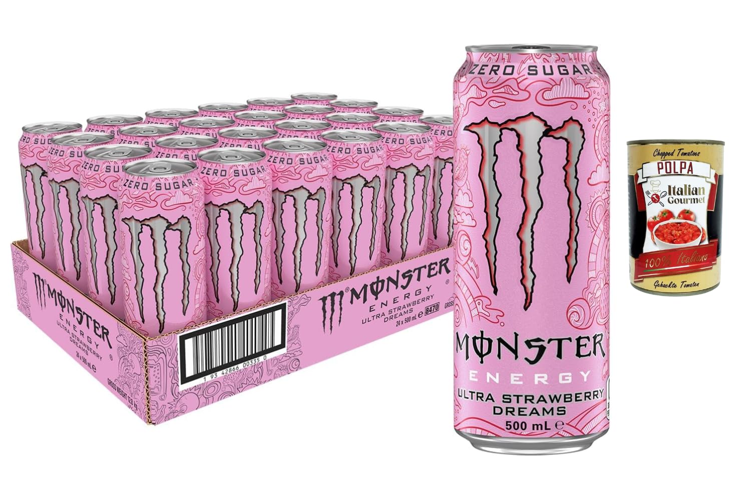 Italian Gourmet Monster Energy Ultra Strawberry Dreams Zero Azúcar 24 x 500 ml Energy Drink Pack + Pulpa de Tomate Italian Gourmet Polpa 100% Italiana