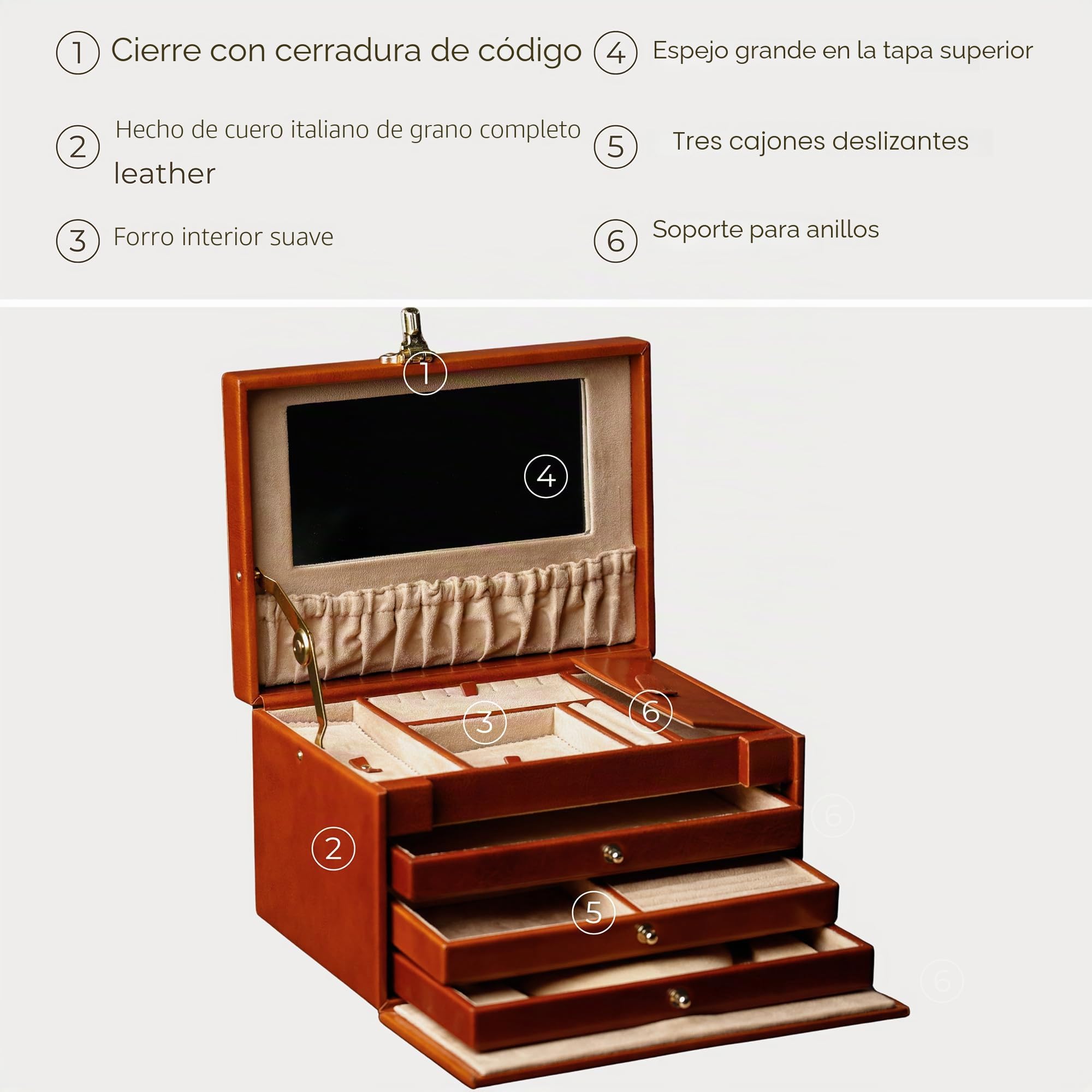 Time Resistance Joyero De Cuero | Organizador De Joyas De Cuero De Plena Flor | Caja De Bloqueo De Código De Almacenamiento De Accesorios Para Mujer (Marrón Coñac)