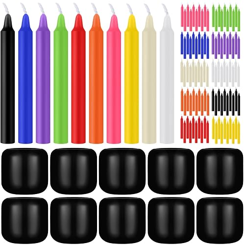 100 Pcs Mini Spell Candles Colored with 10 Holders for Witchcraft Sets Ritual Sticks Chime Small Taper Candles Set for Meditating Altar Wicca Spells Witch Rituals(Black Holders)