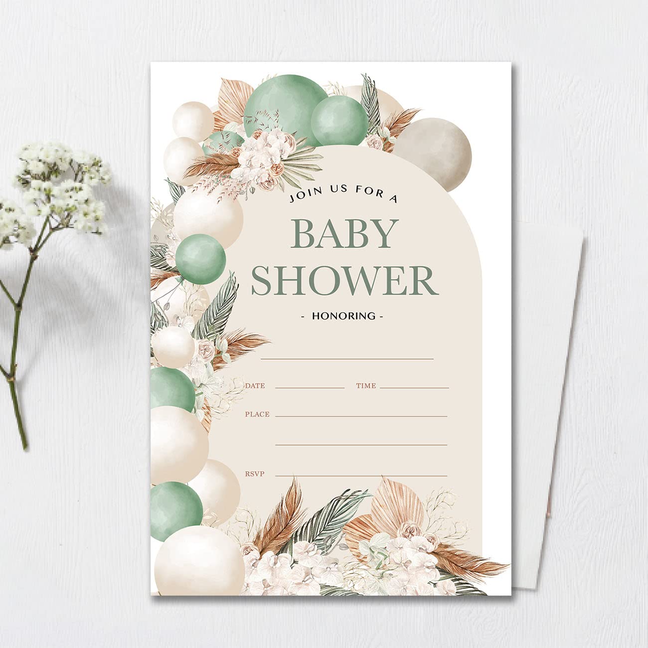 YIDOU Boho Regenbogen Babyparty Einladungen – 20 Karten Mit Umschlägen, Doppelseitig, Pampasgras & Regenbogen Motiv, Format 10,2 X 15,2 Cm