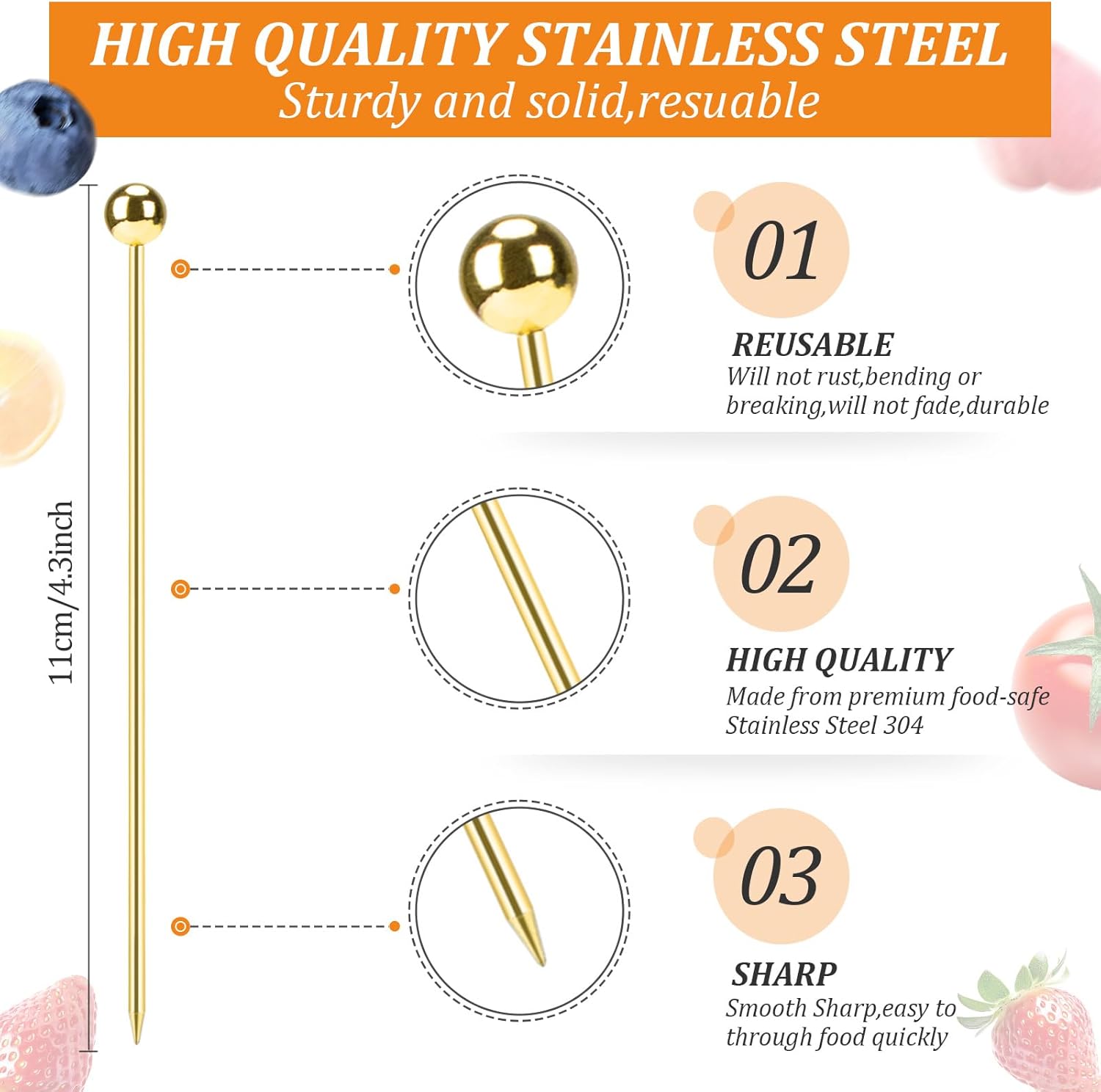 10pcs Cocktail Sticks Set Stainless Steel Fruit Sticks,Reusable Drink Picks Appetizer Toothpicks Martini Glass Picks