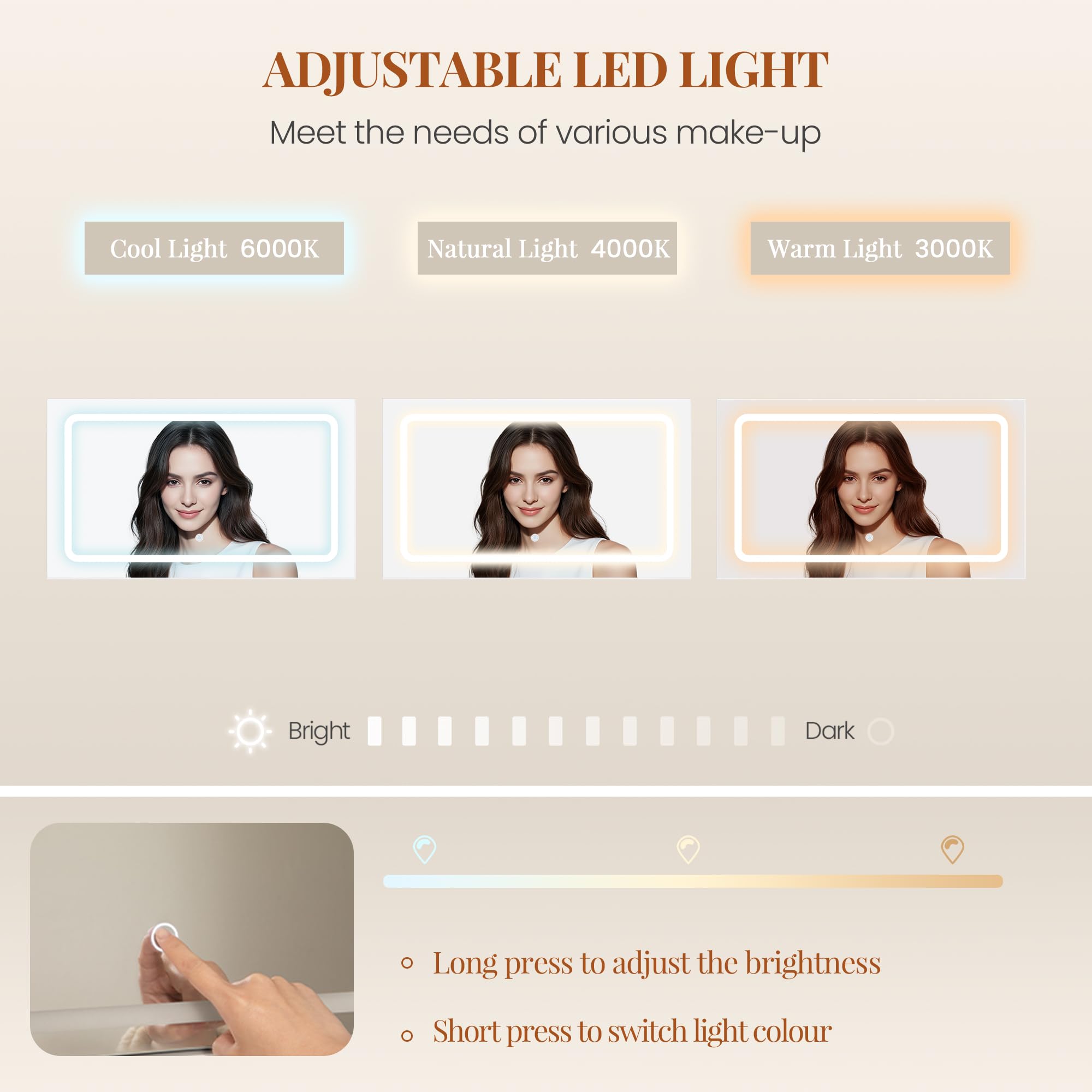 HEXCELEN 110 cm Coiffeuse avec Miroir, Blanc | Table de Maquillage avec Éclairage LED, Luminosité Réglable, 3 Couleurs, 5 Tiroirs et 5 Compartiments Ouverts