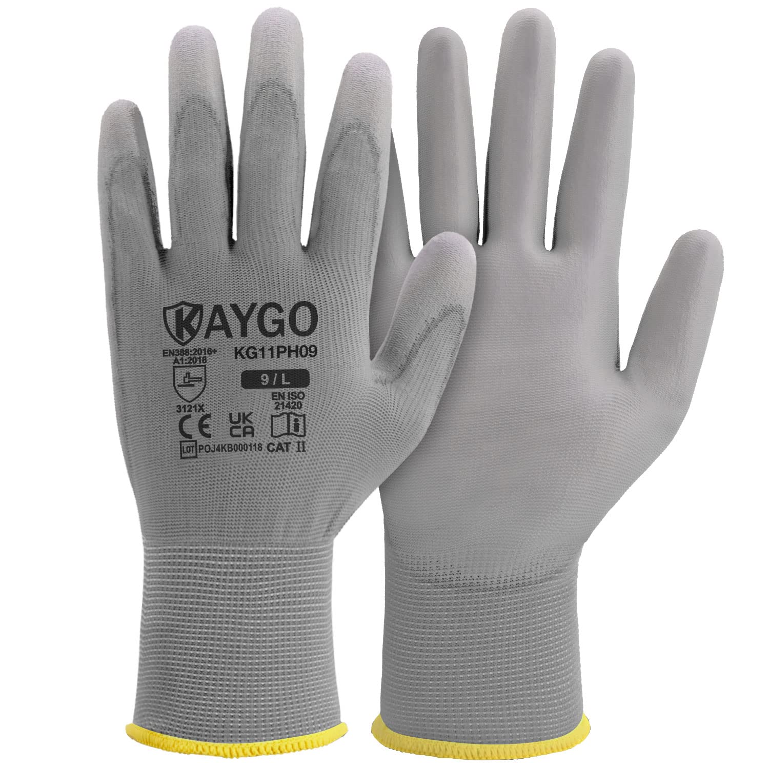 KAYGO Work Gloves PU Coated 12 works, KG11PH, Safety Working Gloves with Secure Grip on Palm & Fingers