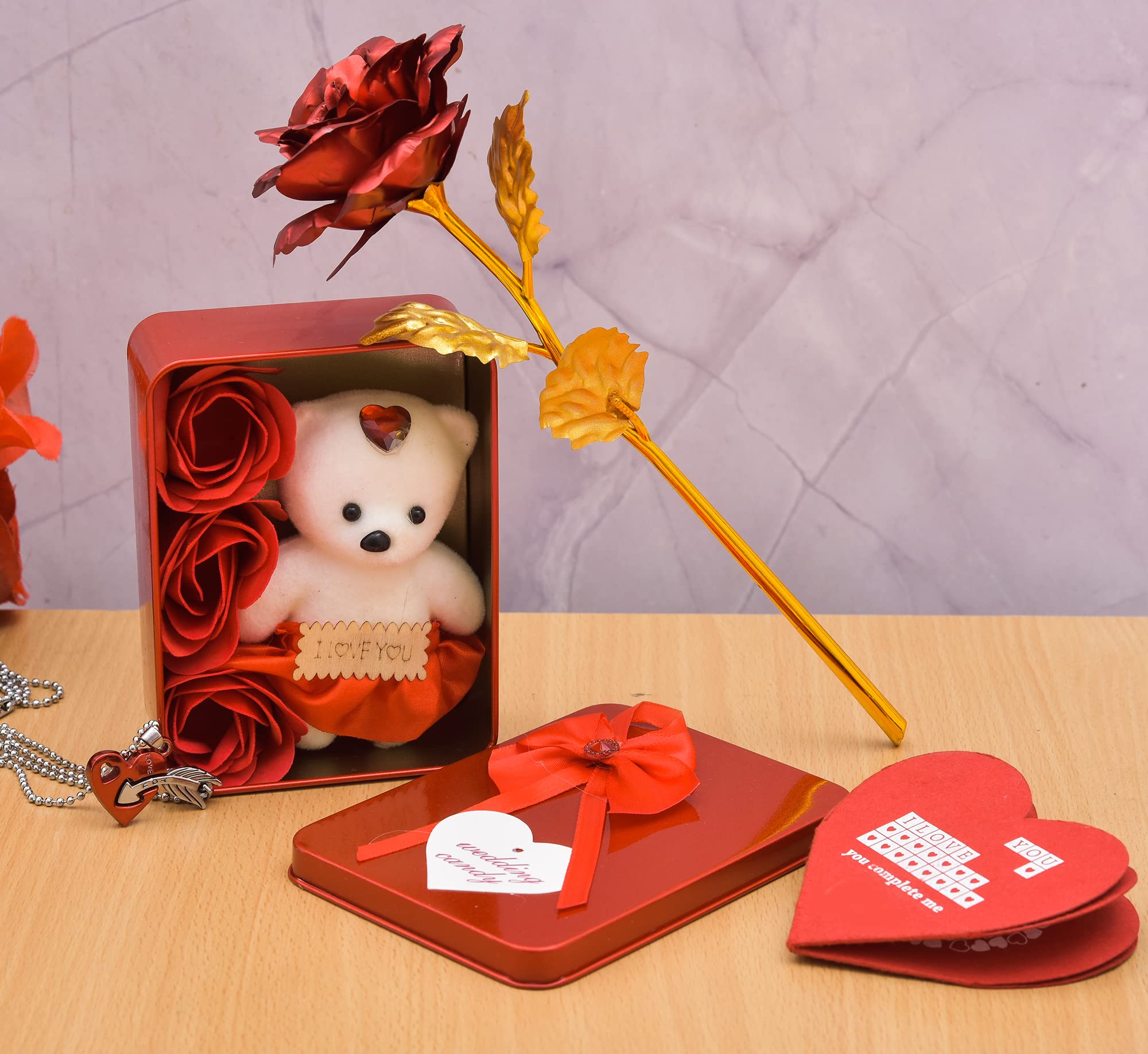 pride store home & décor artificial flowers gift set for couple valentienes gift (red rose, teddy box, love locket, love card)