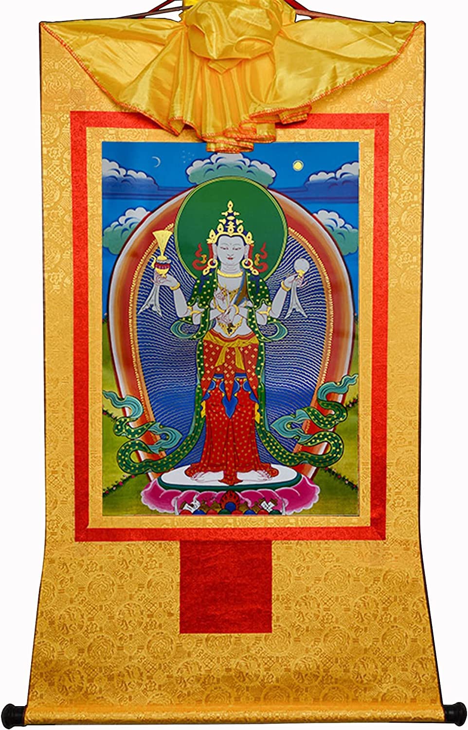 Buddhistischer Thangka-Wandbehang, buddhistisches Thangka-Gemälde, vierarmiges Avalokitesvara, Padmapani, Chenrezig, tibetische Thangka-Malkunst, buddhistischer Thangka-Brokat (Farbe: Rot, Größe: mitt