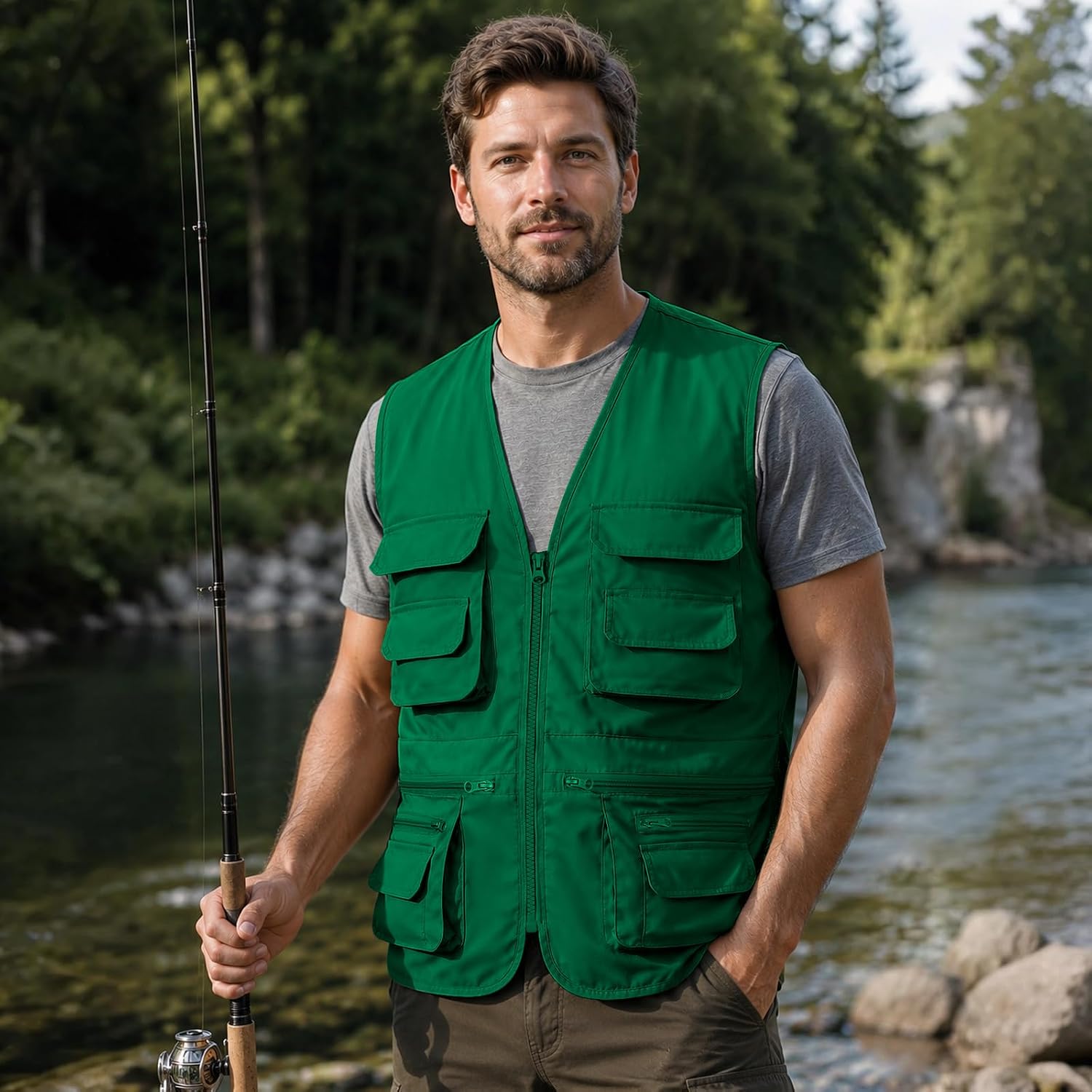 Fishing Vest for Men Outdoor, Utility Safari Cargo Vest With 8 Pockets, Lightweight, Work, Hiking, Travel