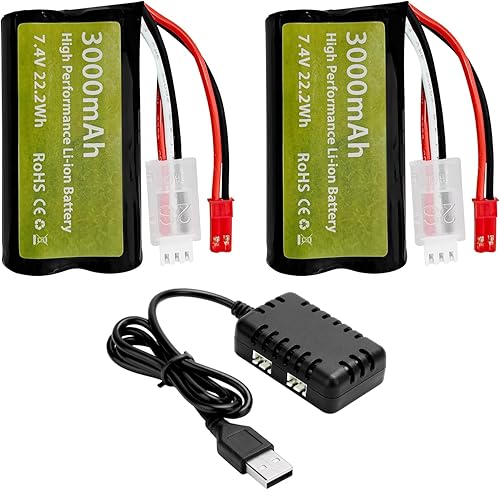 sea jump Batería de iones de litio de 7.4 V 3000 mAh 15C 2S con enchufe JST-2P y cargador 2 en 1 para UDIRC UD1601 UD1602 SG1603 RC Car 110, 112,