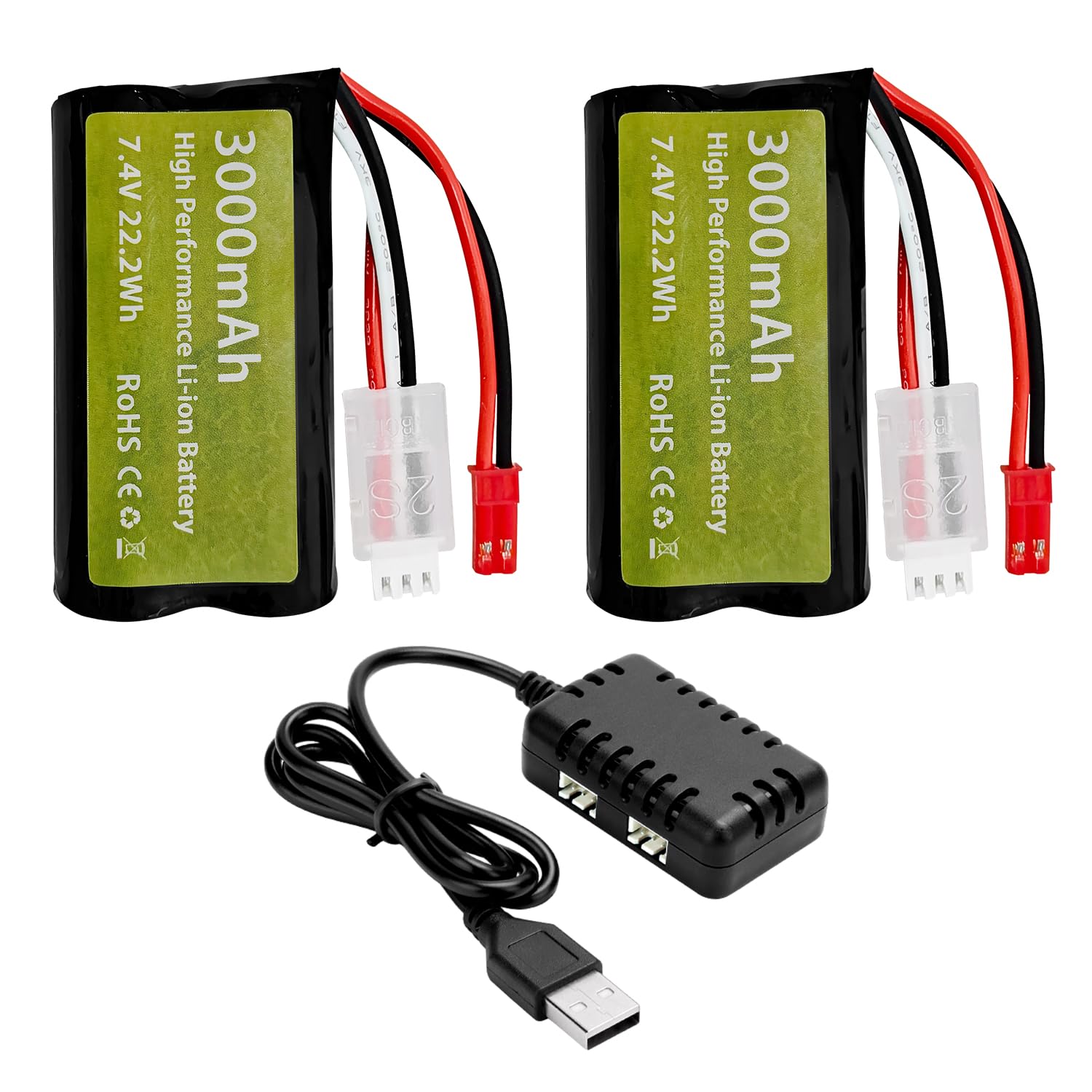 sea jump 2PCS 7.4V 3000mah 15C 2S Li-ion Battery with JST-2P Plug and 2in1 Charger for UDIRC UD1601 UD1602 SG1603 RC Car 1/10, 1/12, 1/16 Ratio RC Car