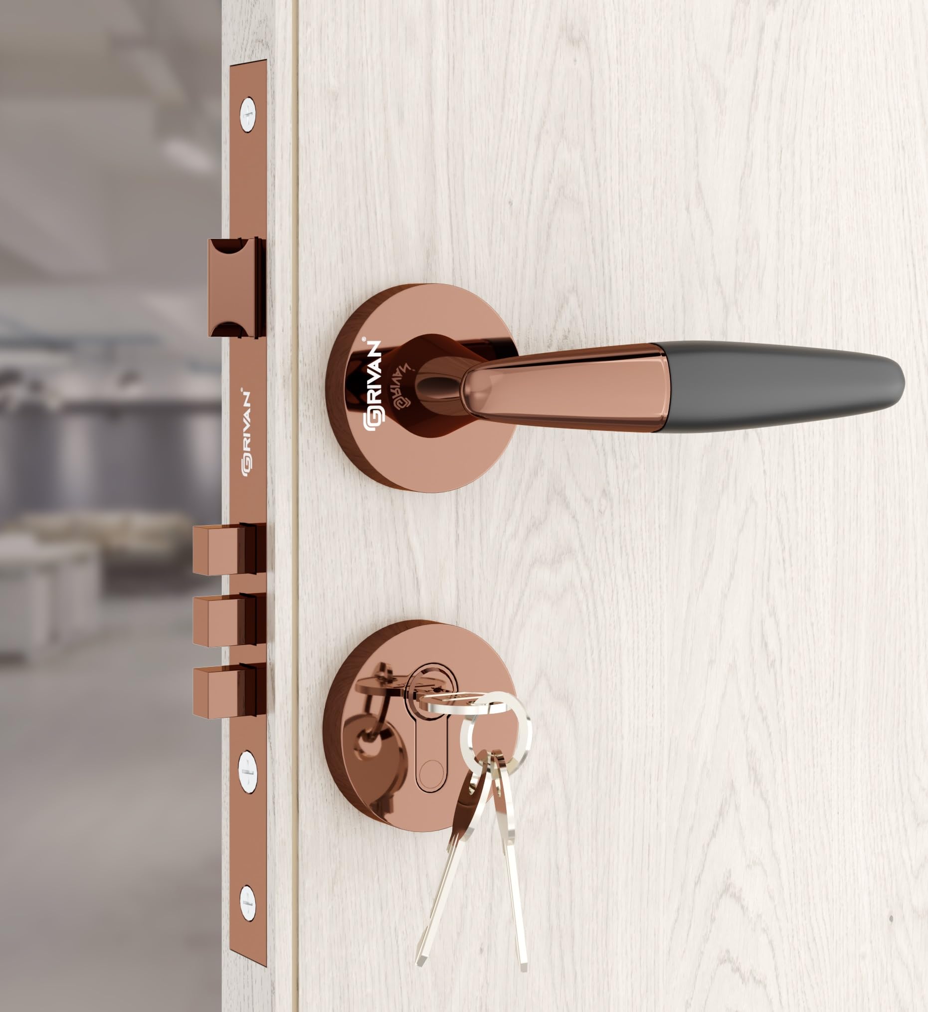 GRIVAN Stylish Door Locks for Main Door, Mortise Door Lock Set with 3 Brass Keys, Bedroom Door Lock, Handle Lock for Home/Office/Hotel (Rose Gold, BlackFinish) | 2 Years Warranty (B0CZDWVX57) Amazon Price History, Amazon Price Tracker