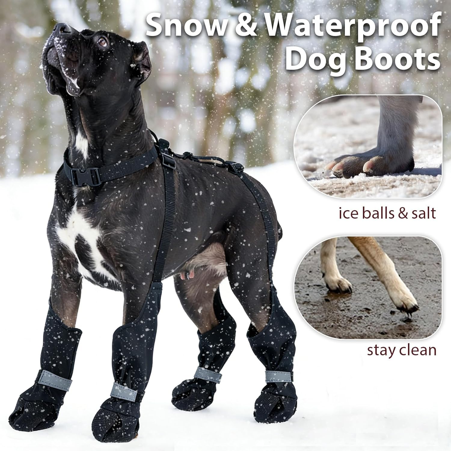 Dog Suspenders Boots, Winter Snow Shoes for Small Dogs, Waterproof Dog Boots for Rain Mud, Anti-Slip Stay-On for Active Dogs, Adjustable Reflective Paw Protector for Walking Hiking, XS Black Black XS