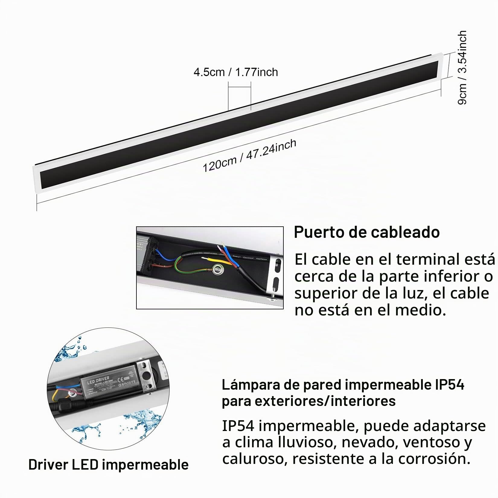 Klighten LED Aplique Pared Exterior Largo, 120CM/35W Negro Aplique Interior, Impermeables IP54 Acero inoxidable Acrílico Moderna Lámpara de Pared, para Balcón Patio Dormitorio, Blanco Natural 4500K