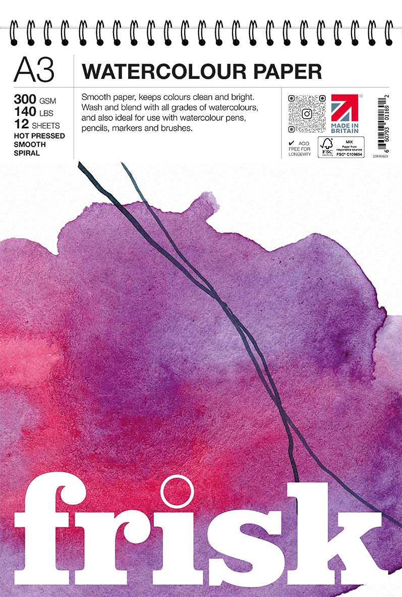 Frisk Watercolour Paper Spiral 300gsm Hot Pressed/Smooth 12sheets A3, White, A4