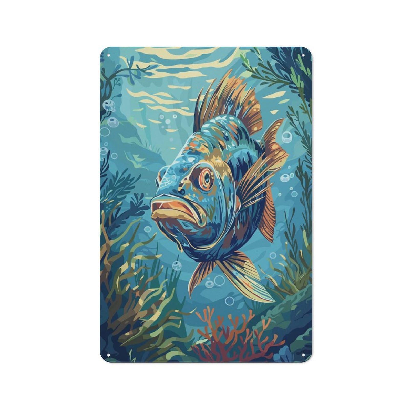 Junmoney Style-20 Classic Underwater Fish Illustration Metal Wall Art Sign 30X20cm, Vintage Wall Decor For Lounge, Study, Pub Or Wall Gallery