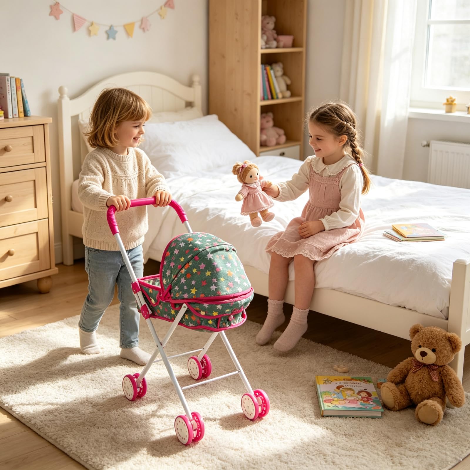 Harilla Passeggino per Bambini, Carrozzina Giocattolo Pieghevole, Accessorio Bambole Canopy Regolabile con Impugnatura Comoda, Adatto a Casa e Attività di Gruppo, Carrello Stella