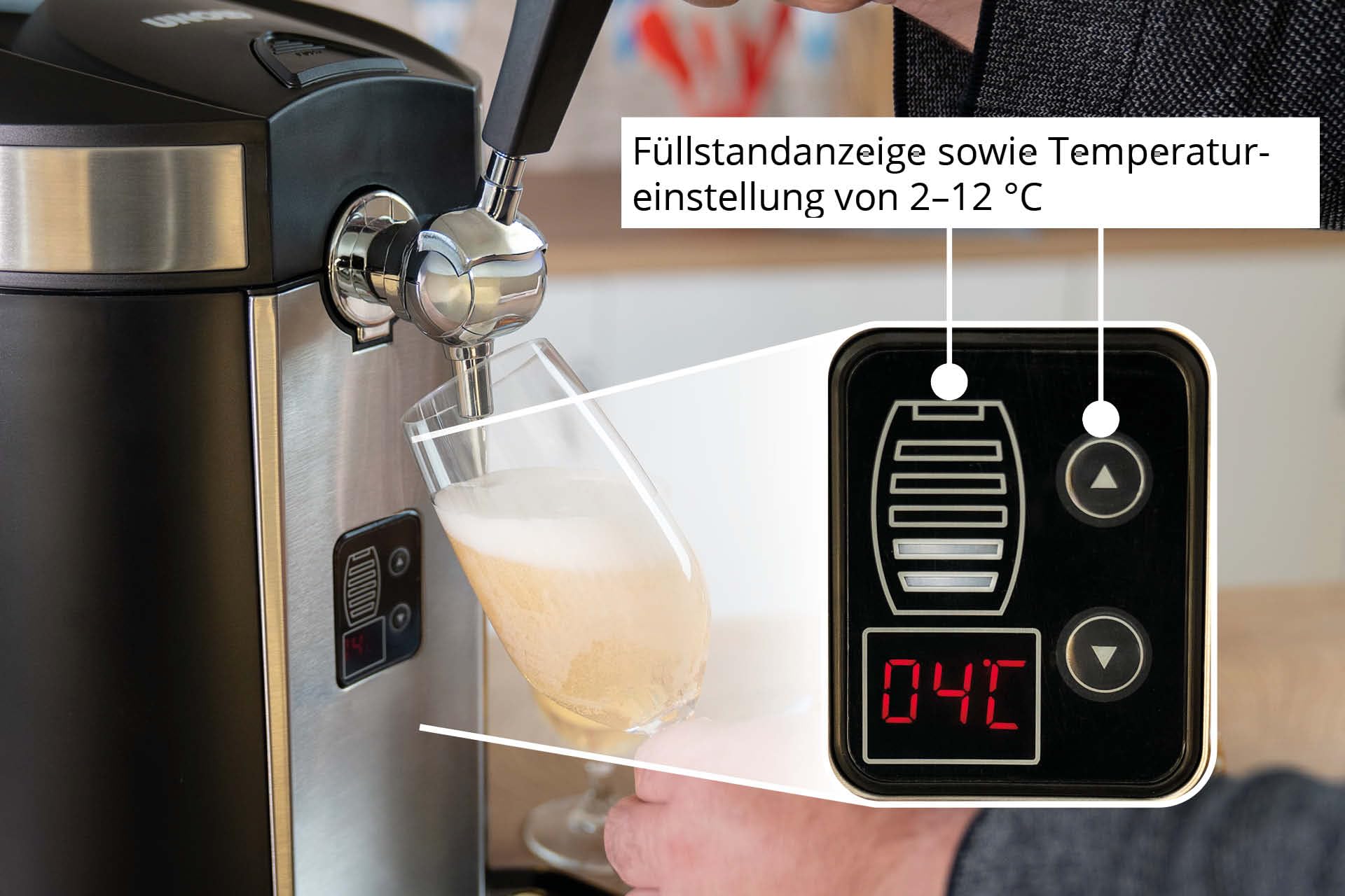 UNOLD Bierzapfanlage FRANZL 48975 – Profi-Kompressorkühlung (2–12 °C), LED-Füllstandsanzeige & CO2-Drucksystem inkl. 3 Kartuschen – Für alle 5-Liter-Bierfässer – Edelstahl/Schwarz