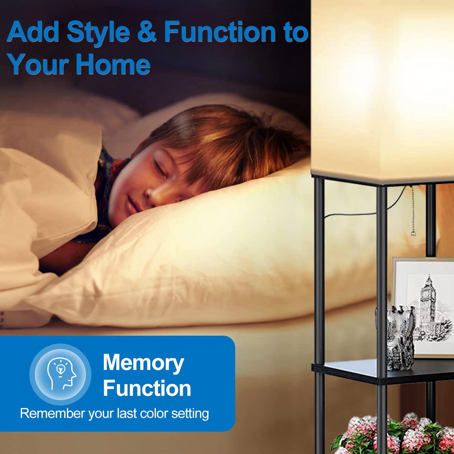 NUNET Floor Lamp w. Shelves Including 2AC Outlets & 2USB Ports 9W LED Light Bulb 3 Color Temperature Soft/Cool/Daylight White w. 1PC Acrylic Photo Frame & 1PC Pen Holder for Living Room/Bedroom