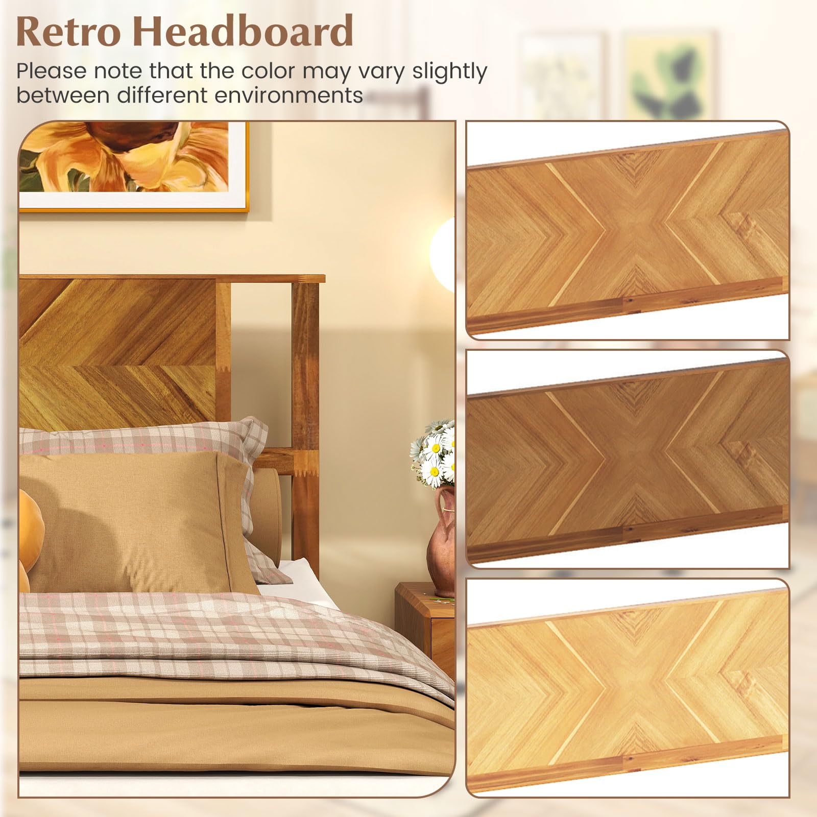 Giantex Full Size Acacia Wood Platform Bed Frame, Mid-Century Modern Bed Frame with Headboard, Wooden Slats Support, Under-Bed Space, No Box Spring Needed, Easy Assembly, Caramel: Full Hollowed Art Deco