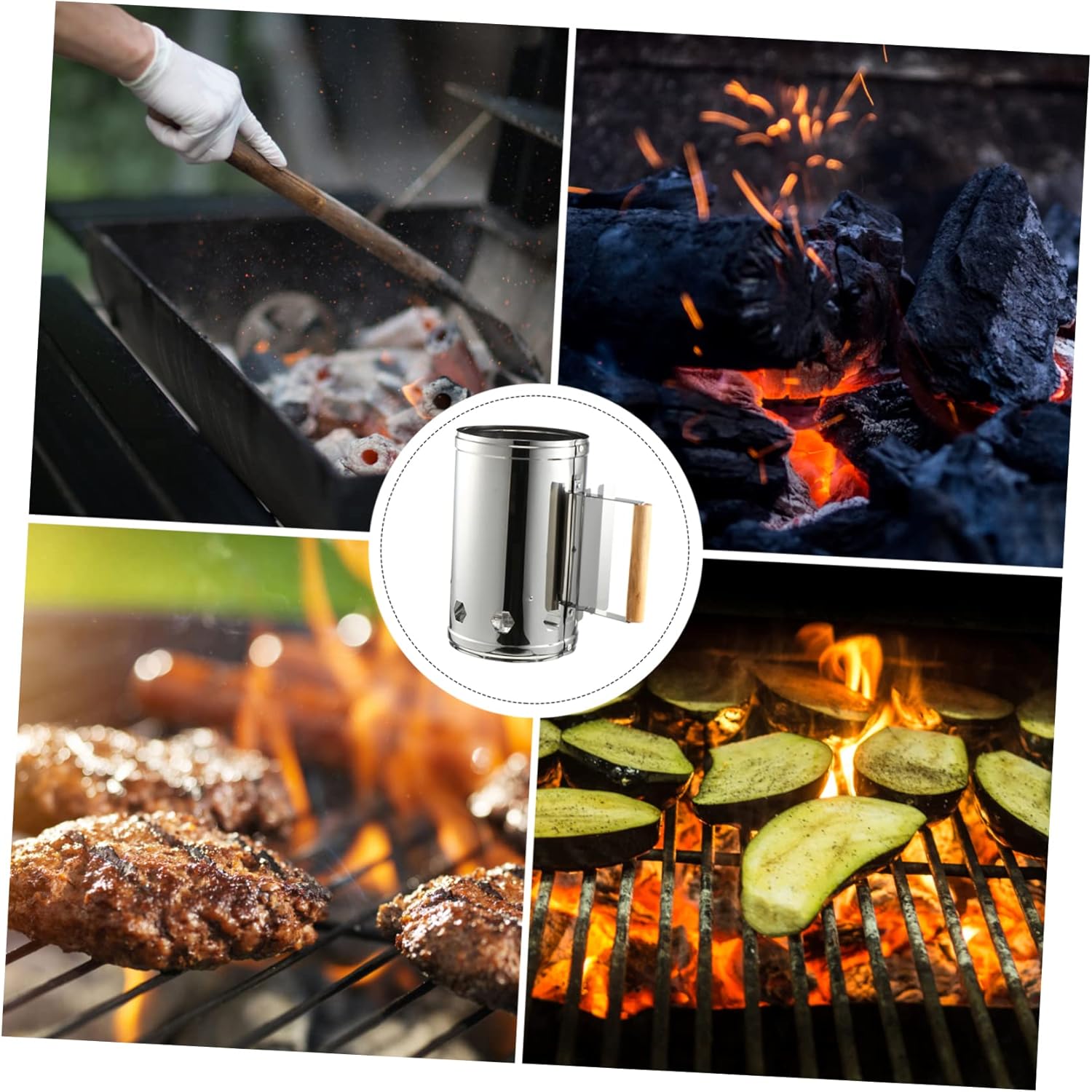 BBQ Fire Bucket Stainless Steel Chimney Starter for Grill Heat Shield Wooden Handle