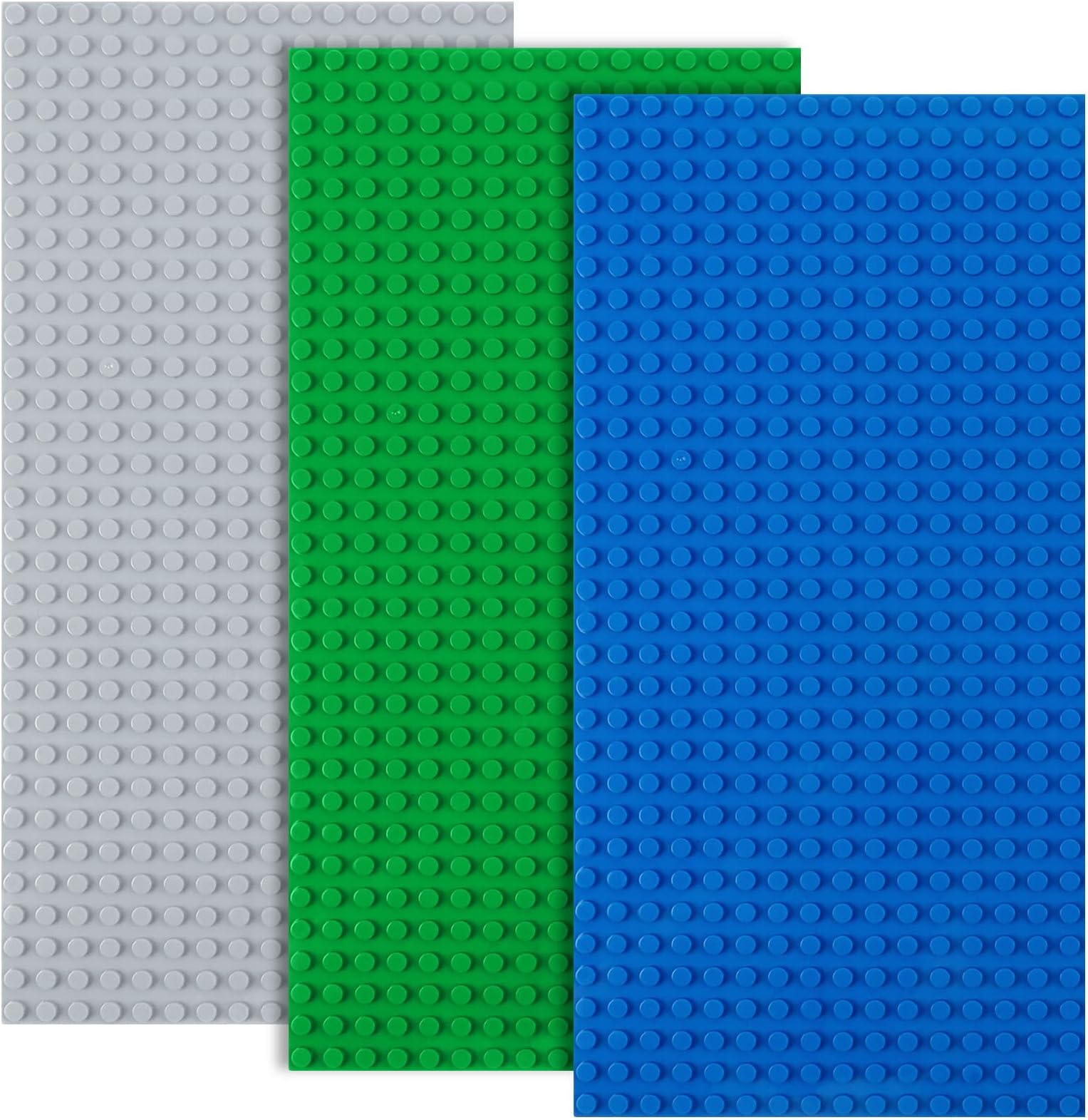 HOTUT Classic Baseplates, 3 Pcs Rectangle 16 x 32 Stud Building Base, 12.9 x 25.6 CM Building Board BasePlate, 100% Compatible with All Major Brands, Build and Display Board Set - Grey/Green/Blue