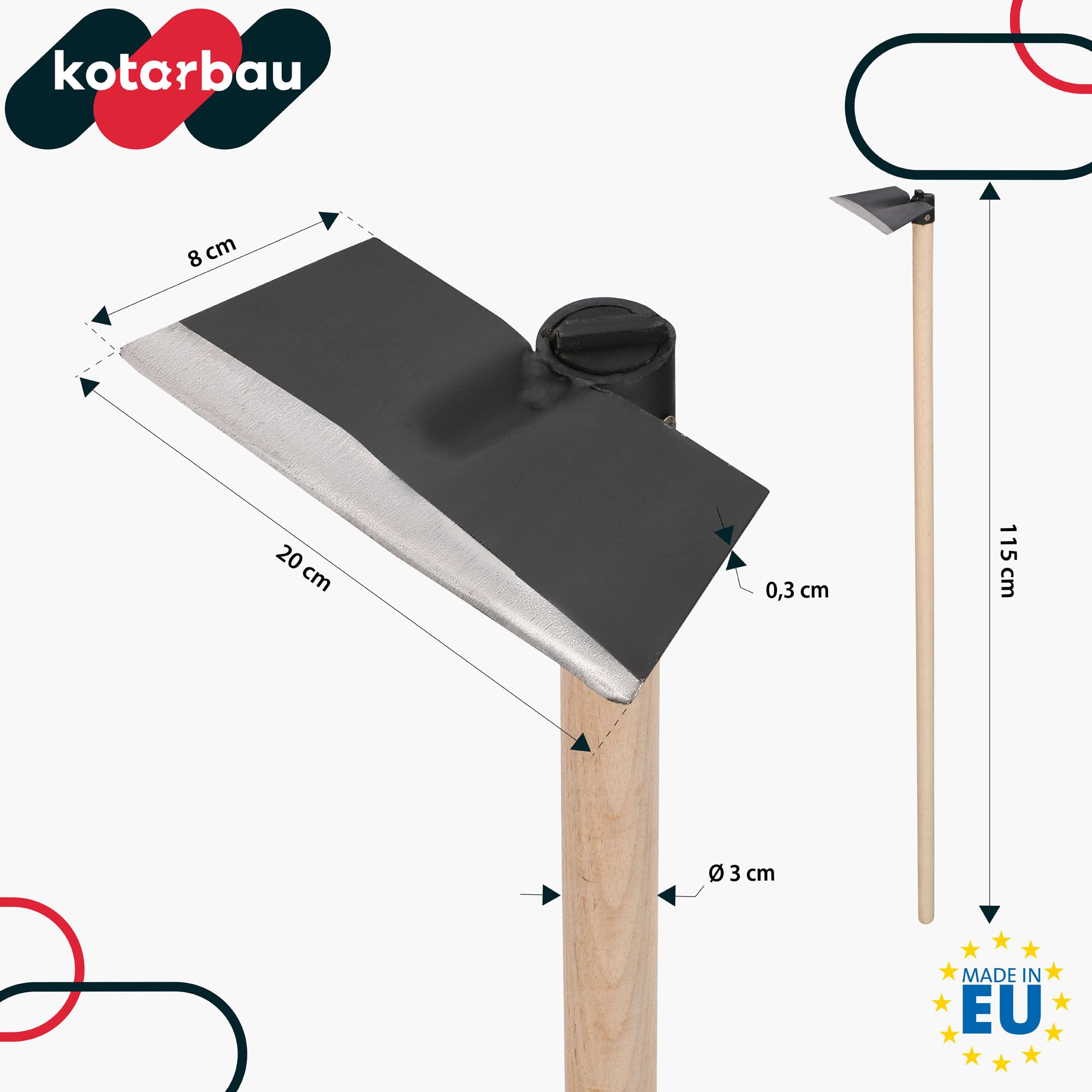KOTARBAU® Gartenhacke Trapezform mit Holzstiel 115 cm Hacke Unkrauthacke Pflanzhacke Gartenwerkzeug zum Umpflanzen Jäten Gartenpflege Gartenzubehör Gartengeräte Garten Handwerkzeuge 200 x 80 mm