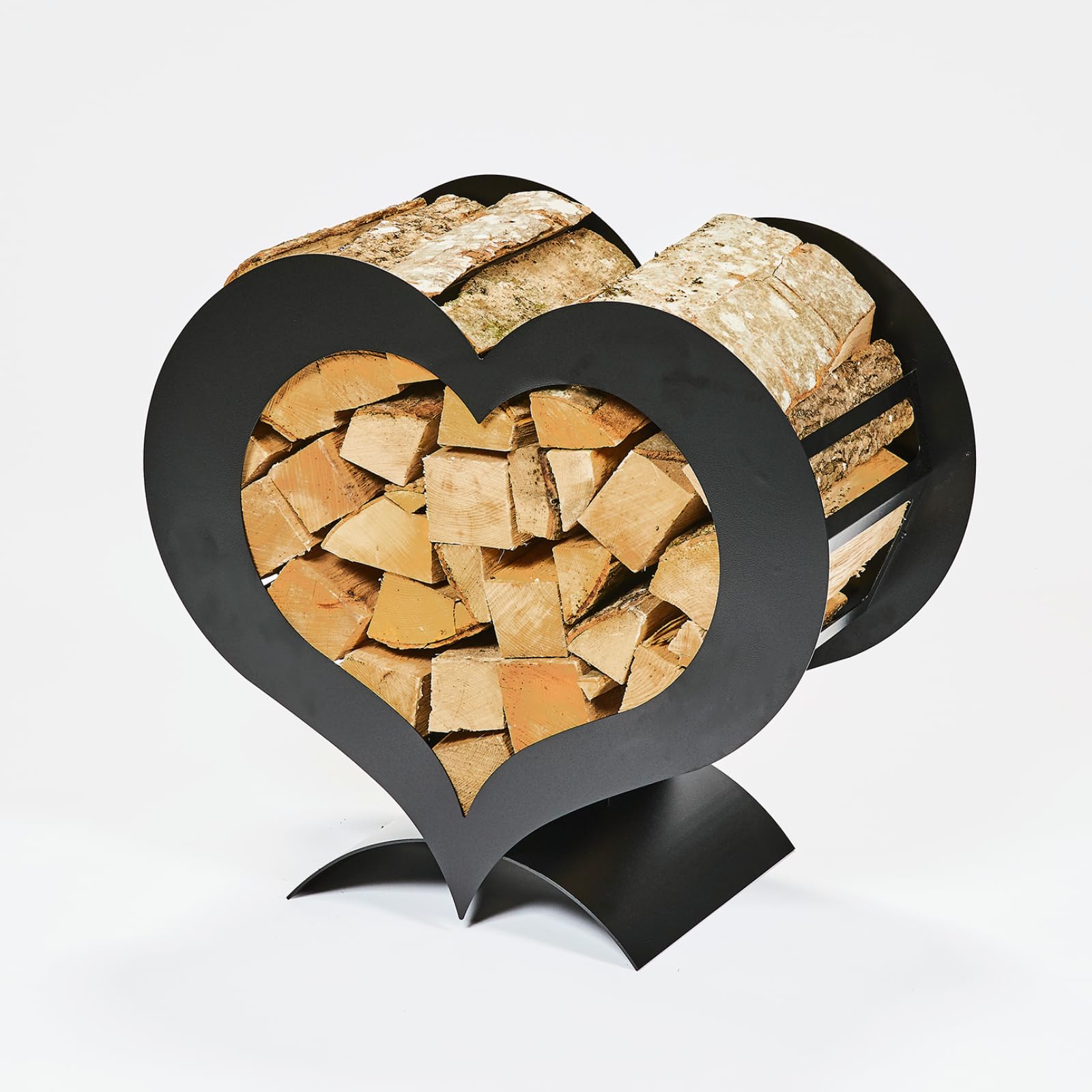 Gruber, Herz-Holzständer, schwarz, Dekoratives Kaminholzregal aus pulverbeschichtetem Stahl, stilvolles Brennholzregal für Innen- und Außenbereiche, 36 x 67 x 62 cm, ohne Holz geliefert