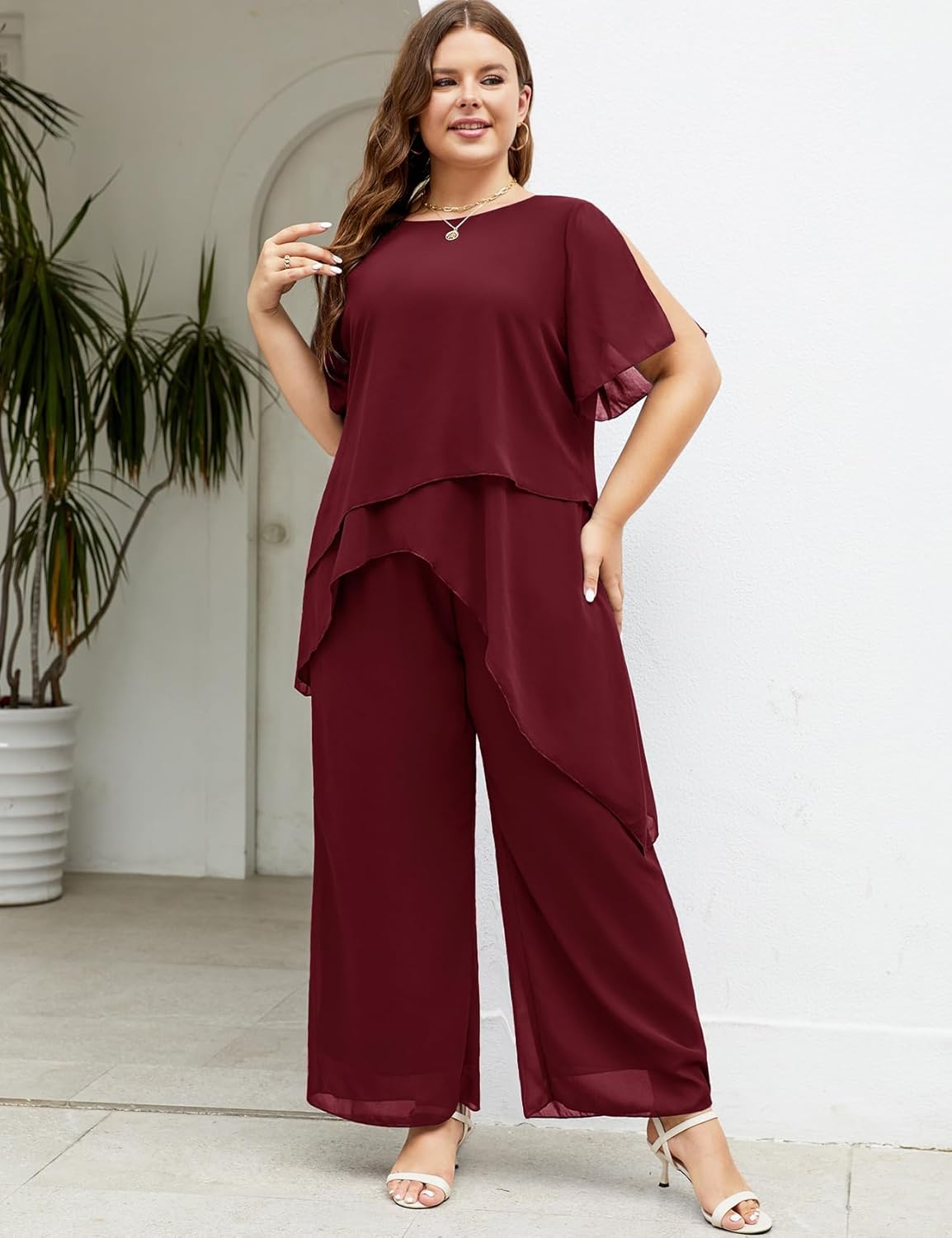 ZOMVA Plus Size Dressy Chiffon Pant Suit 2 Piece for Wedding Mother of The Bride Groom Formal Set Elegant Outfit - Image 5