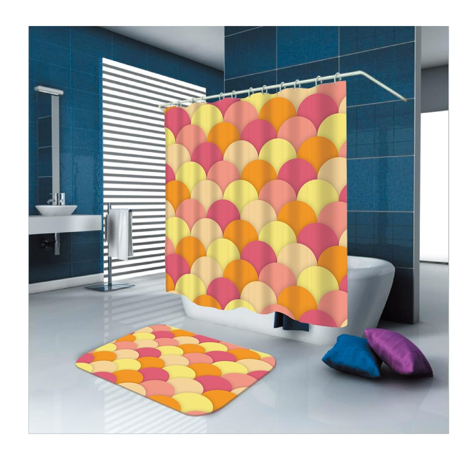Cortina de ducha de 180 x 180 cm, textil naranja y amarillo, con patrón de círculos amarillos, antimoho, cortina de baño de poliéster, resistente al agua, lavable, cortina de ducha en el baño