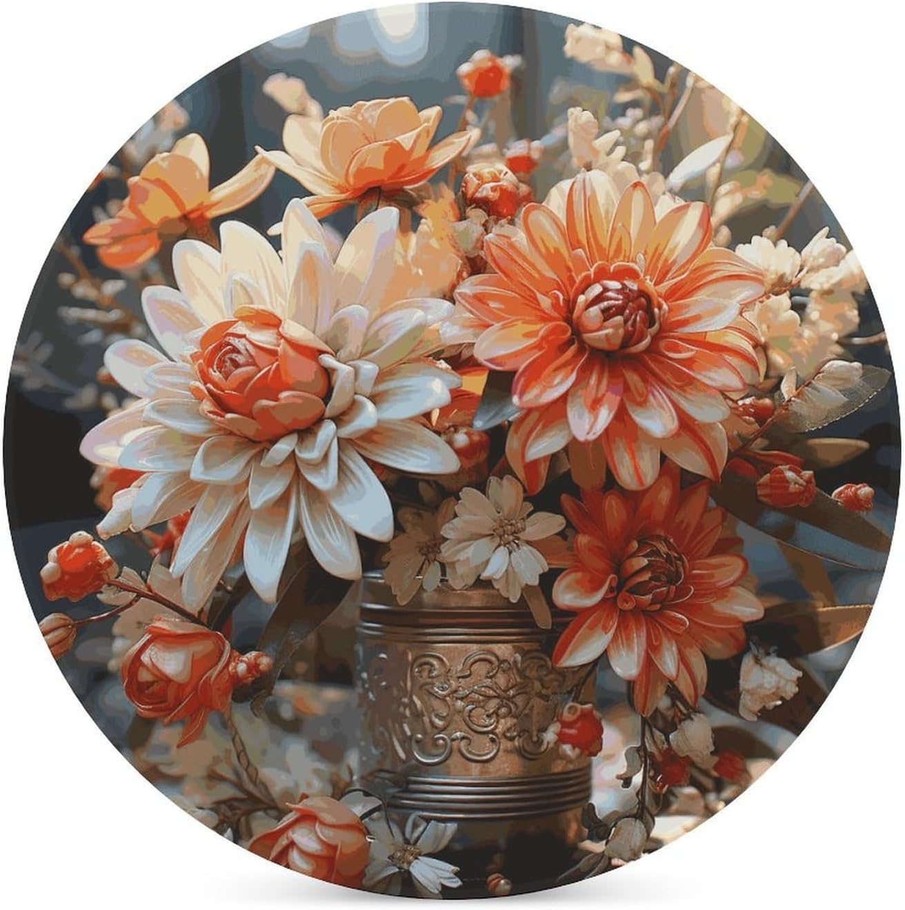 Orange Flowers Coasters for Drinks Absorbing Round Ceramic Stone Coaster with Cork Base Coffee Cup Beverage Table Cup Mat Modern Style Bar Coaster Set for Home Decor