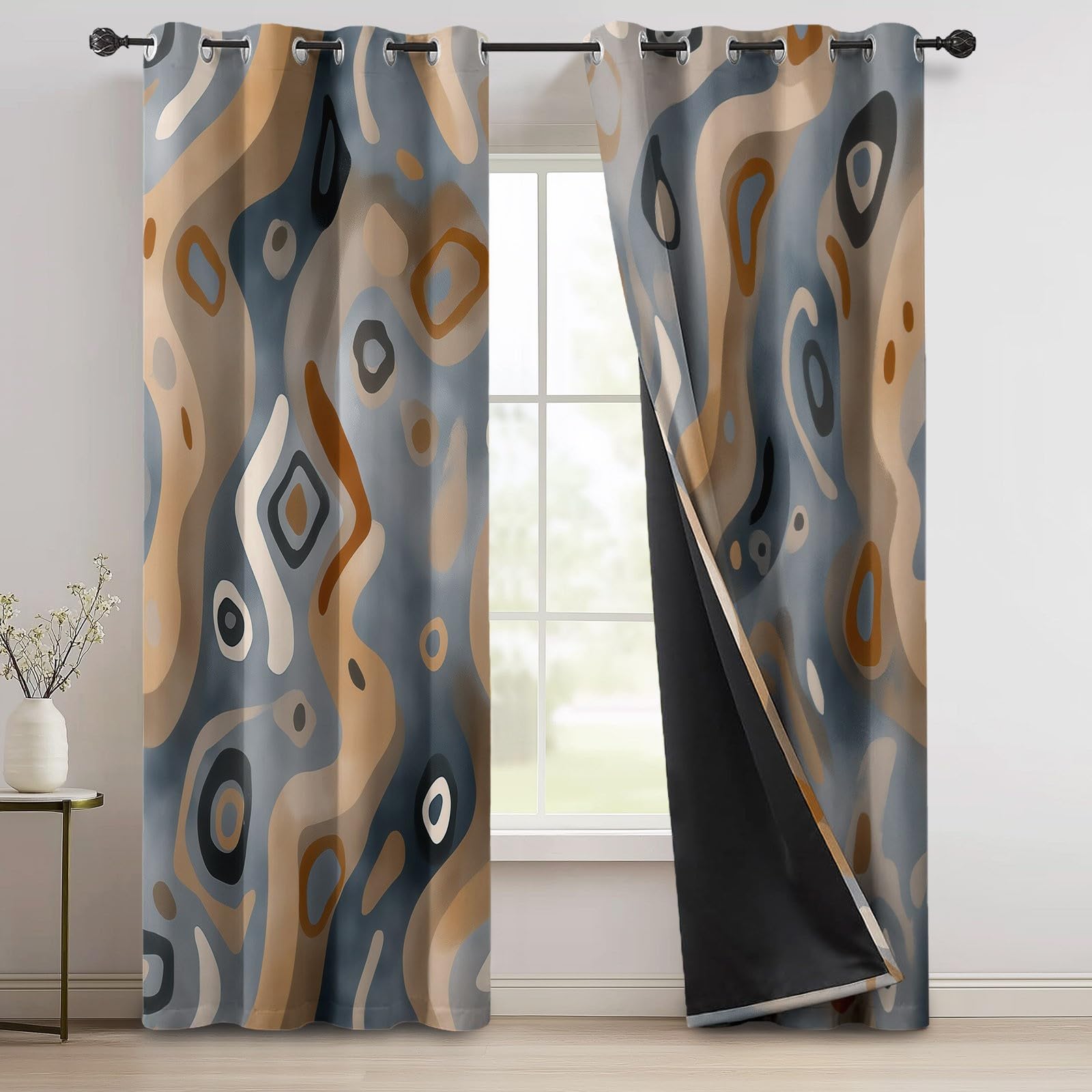 Rideaux Occultants Isolants Anti-Froid 91.5L X 160H cm (2 Panneaux), Design Géométrie Tribale Traditionnelle, Tenture à Œillets Opaque pour Salon et Chambre, Gris-Bleu Brun