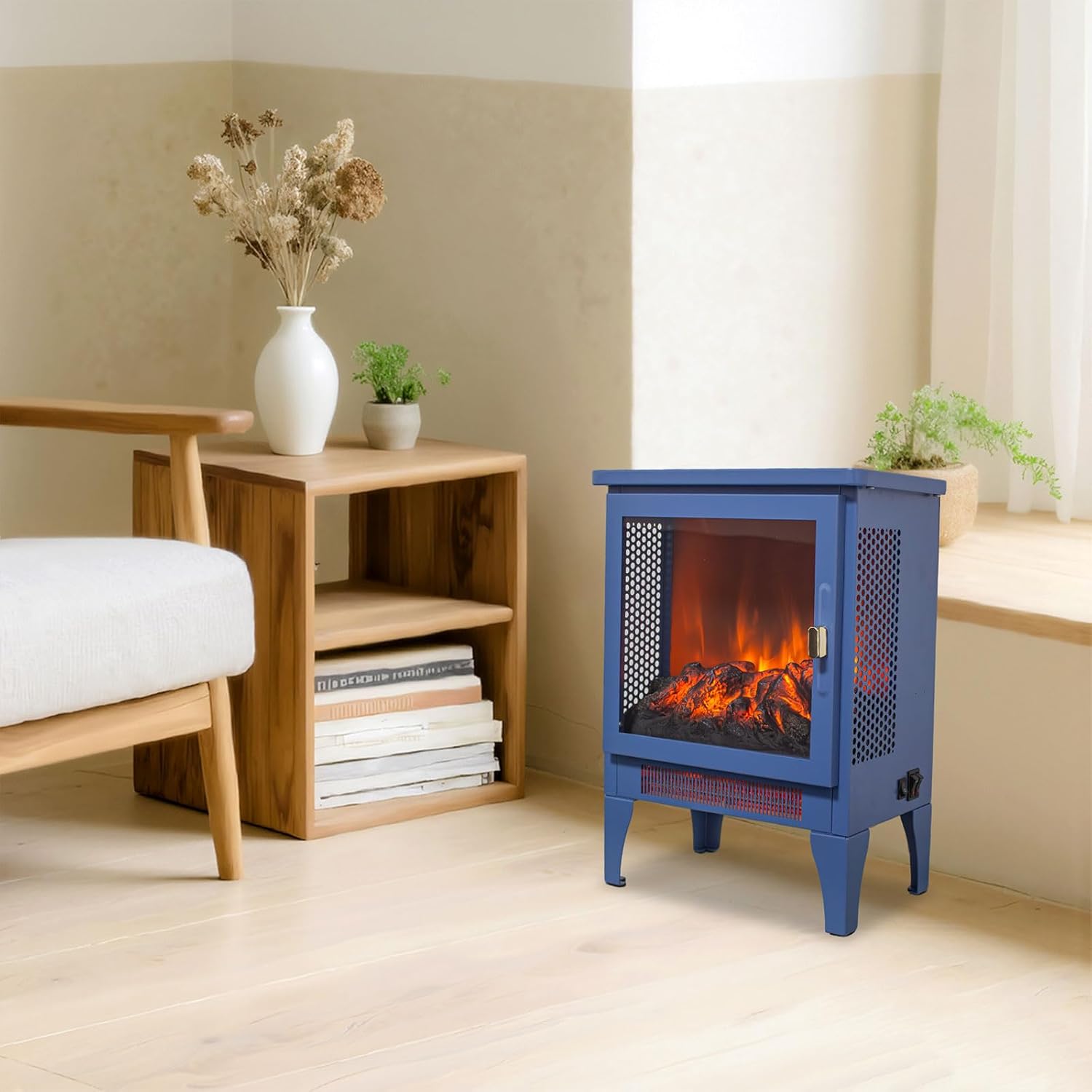 IKERY Dual Power 700W/1400W Electric Fireplace - 3-Sided Panoramic Flame, Long-Lasting LED & Energy-Saving