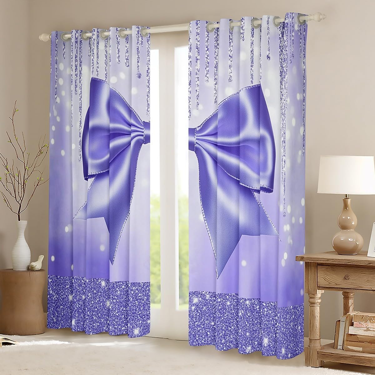 Feelyou Kids Cute Bowknot Blackout Curtains Dreamy Princess Window Curtains Boys Girls Glitter Darkening Drapes Watercolor Bow Teens Window Treatments Bedroom Decor (2 Panels, 42 x 90 Inch)