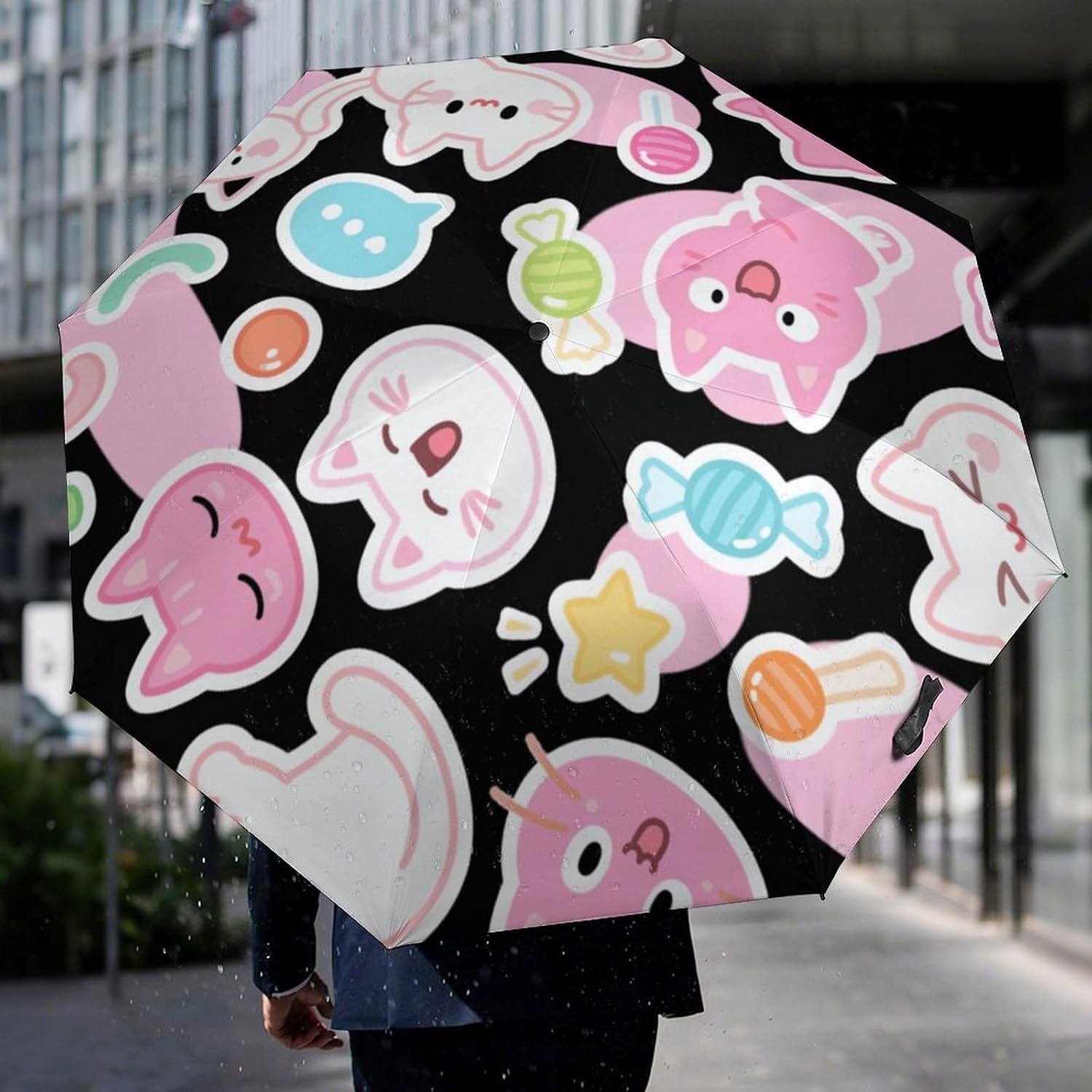 Cartoon Cat Emojis Automatic Golf Umbrella Folding Umbrella | Windproof Travel Umbrella Portable Compact Umbrella with Storage Pouch for Golf Backpack Men Women