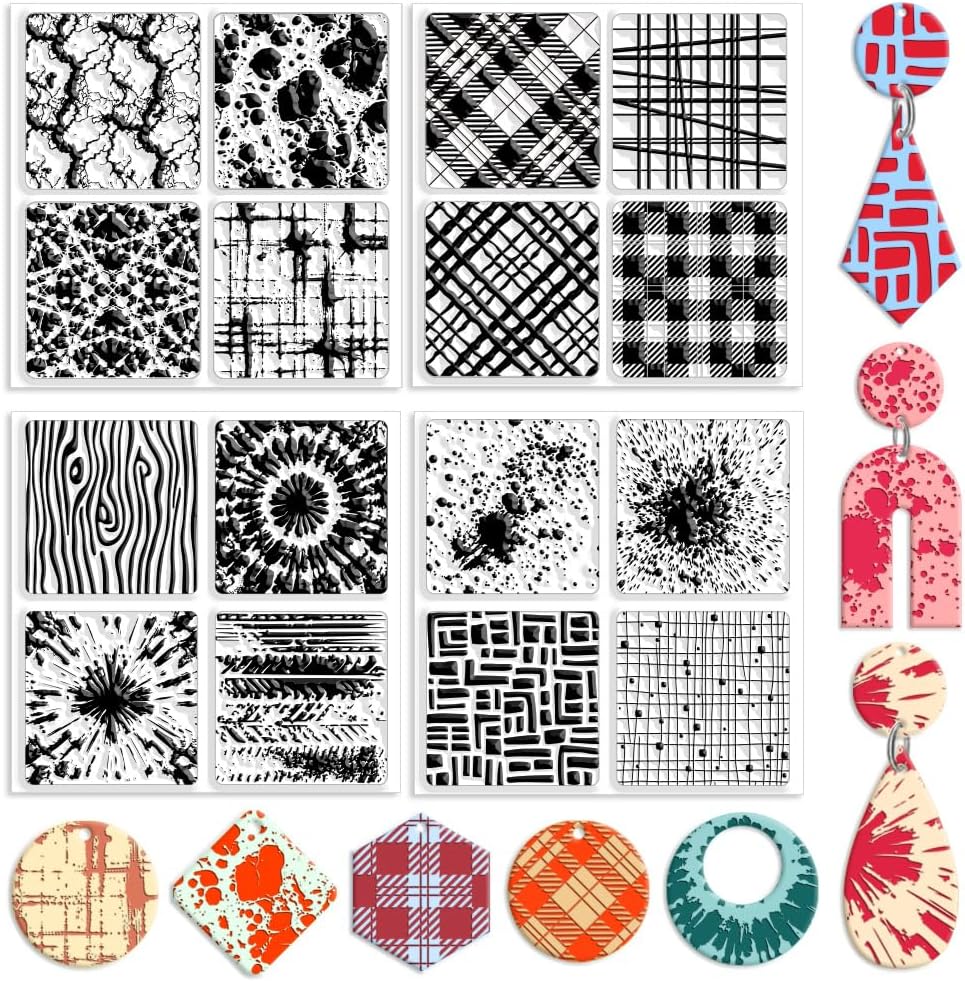 CHGCRAFT 4 Pcs 4 Styles Wood Print Polymer Clay Texture Sheets Marble Silicone Texture Stamp Clay Texture Mat Modeling Pattern Pad Texture Sheets for Making Earrings Jewerly, 5.5x5.5 inch