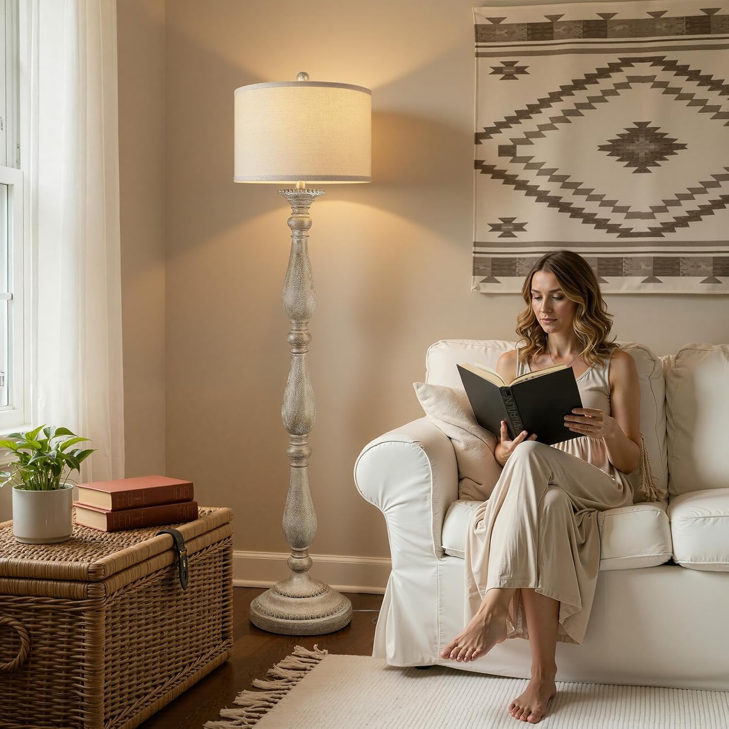 PARTPHONER Vintage Floor Lamp for Living Room, Rustic Farmhouse Standing Lamp with Rotary Switch and Linen Shade, Retro Resin Floor Lamp for Bedroom, Corner, Dining Room, House Decor, Grey